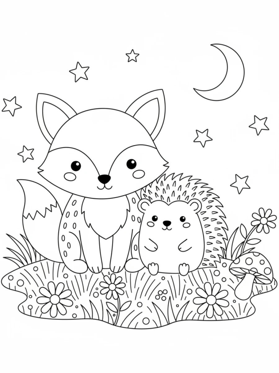 coloriage renard — Renard amical et petit hérisson assis côte à côte sur l'herbe, avec des marguerites et un champignon.
