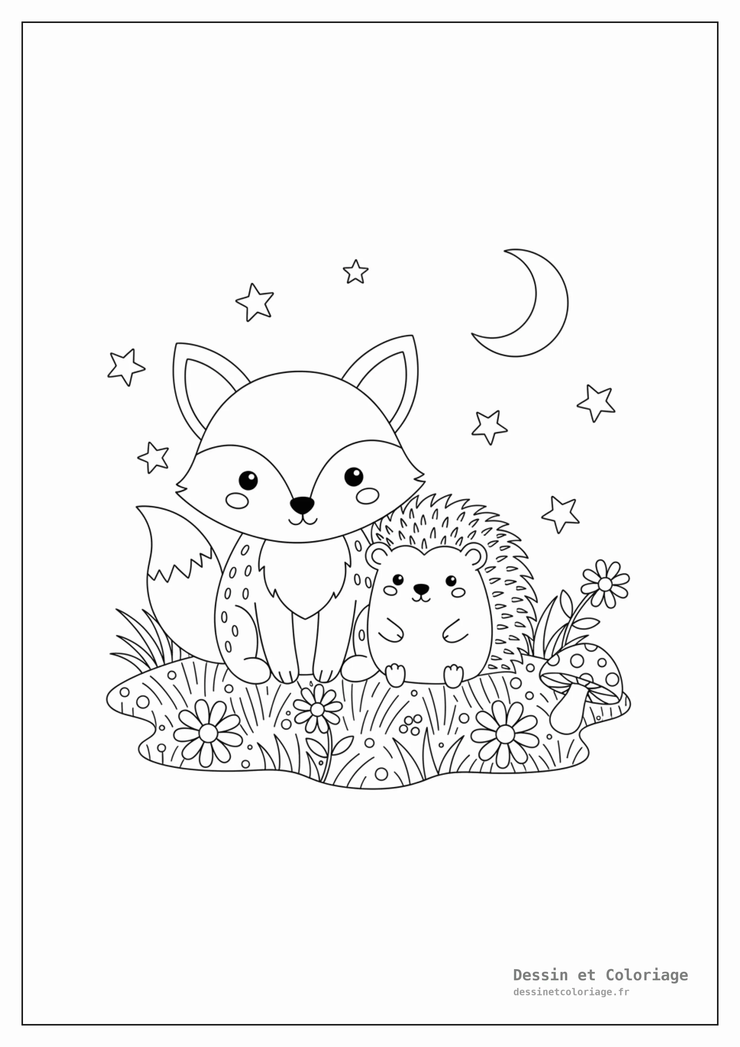 coloriage renard — Renard amical et petit hérisson assis côte à côte sur l'herbe, avec des marguerites et un champignon.
