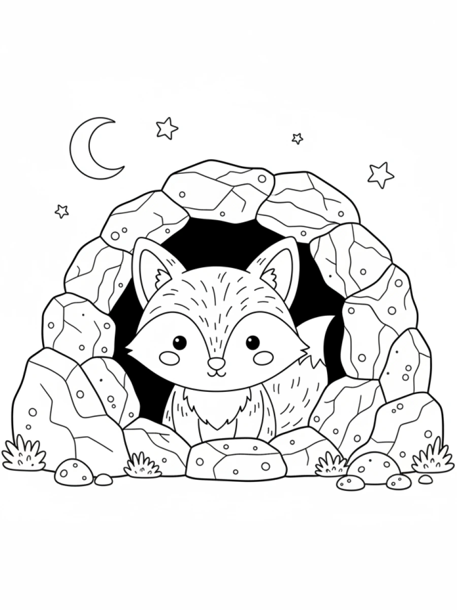 Coloriage renard à l'entrée d'une grotte