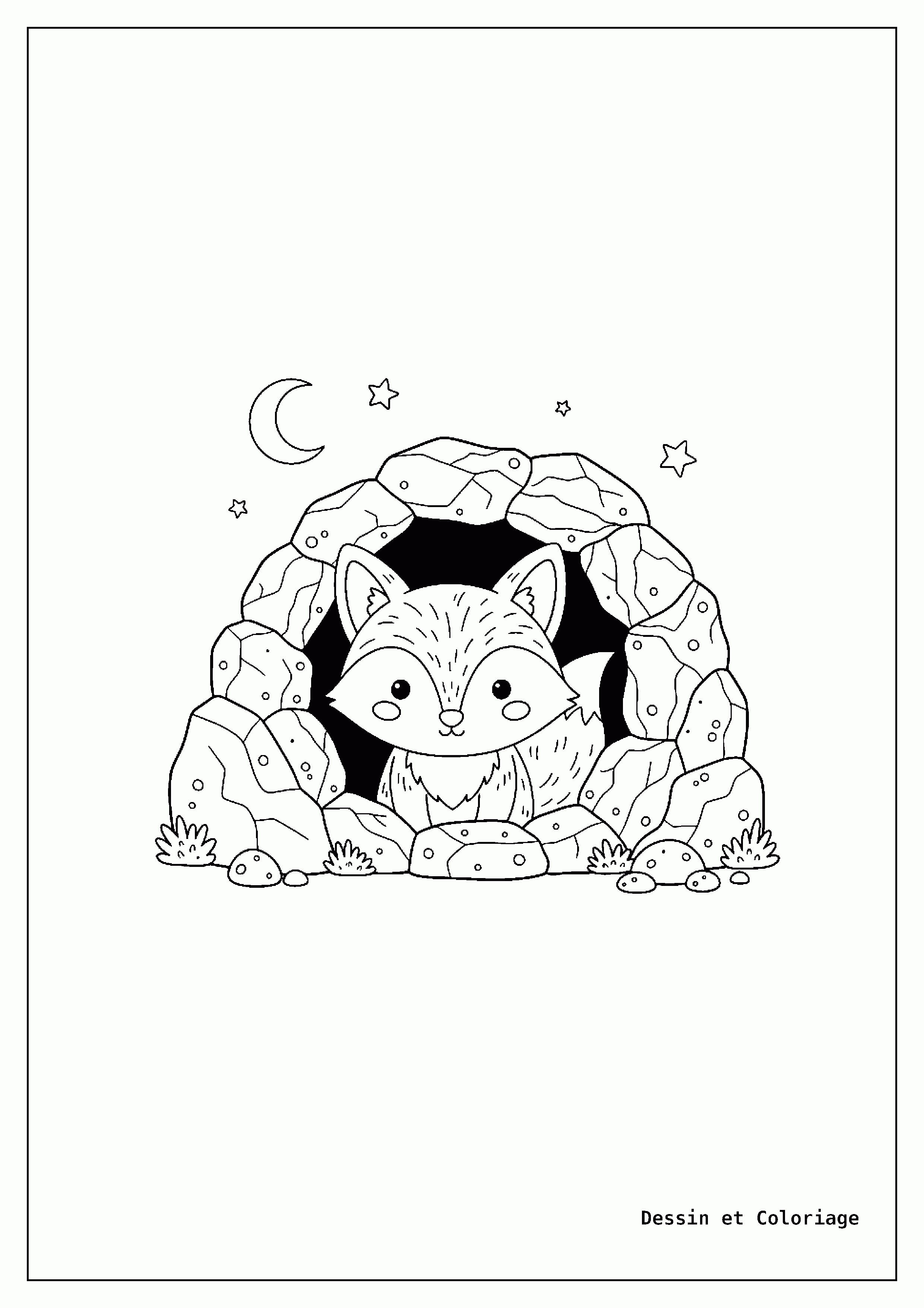 coloriage renard — Renard curieux, regardant hors de l'entrée d'une grotte rocheuse, avec de la mousse et des pierres.