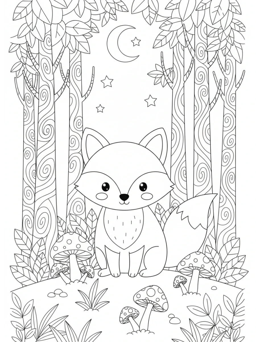 coloriage renard — Renard vigilant, debout dans une forêt dense et mystique avec de grands arbres sinueux et des champignons lumineux au sol.