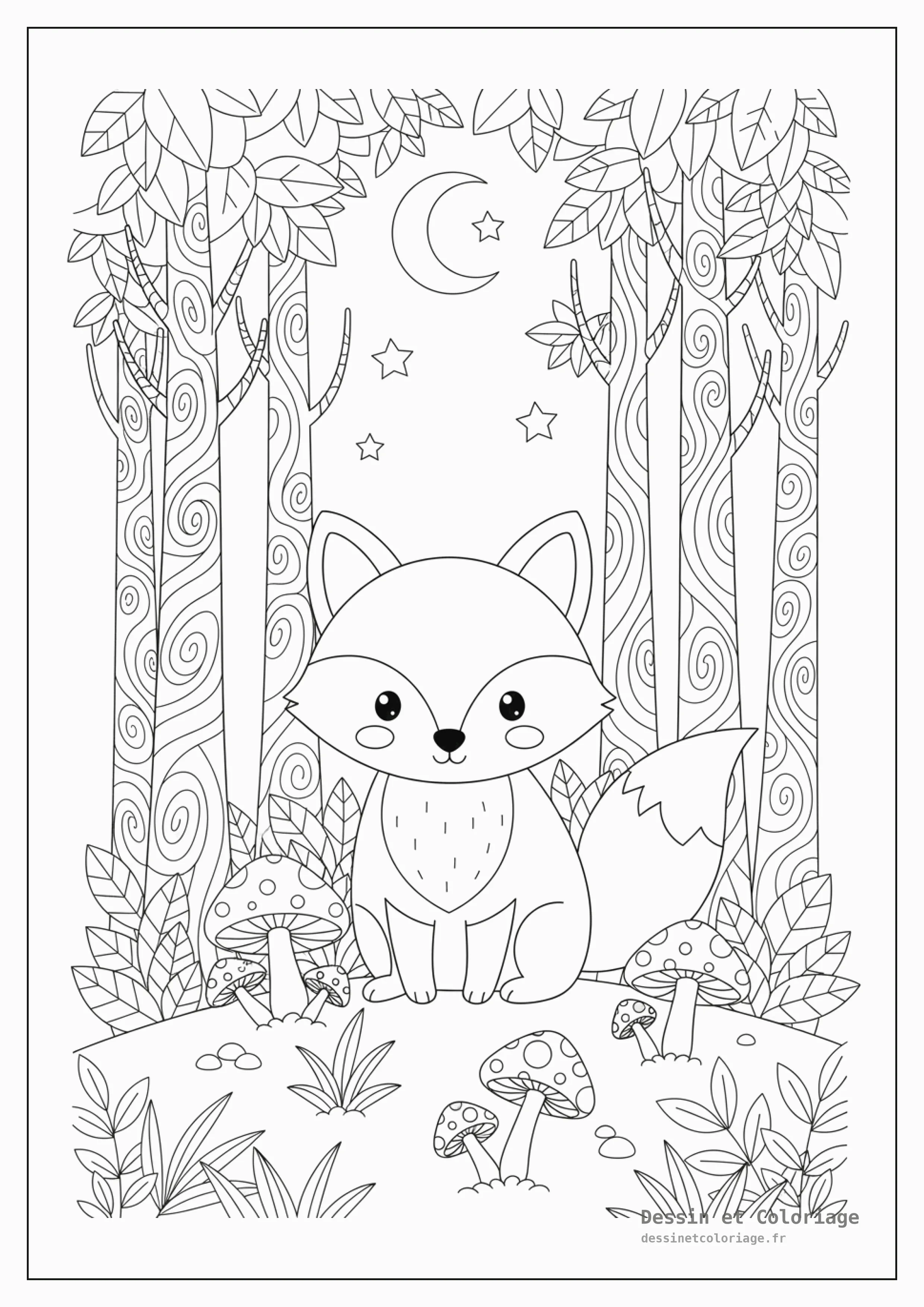 coloriage renard — Renard vigilant, debout dans une forêt dense et mystique avec de grands arbres sinueux et des champignons lumineux au sol.