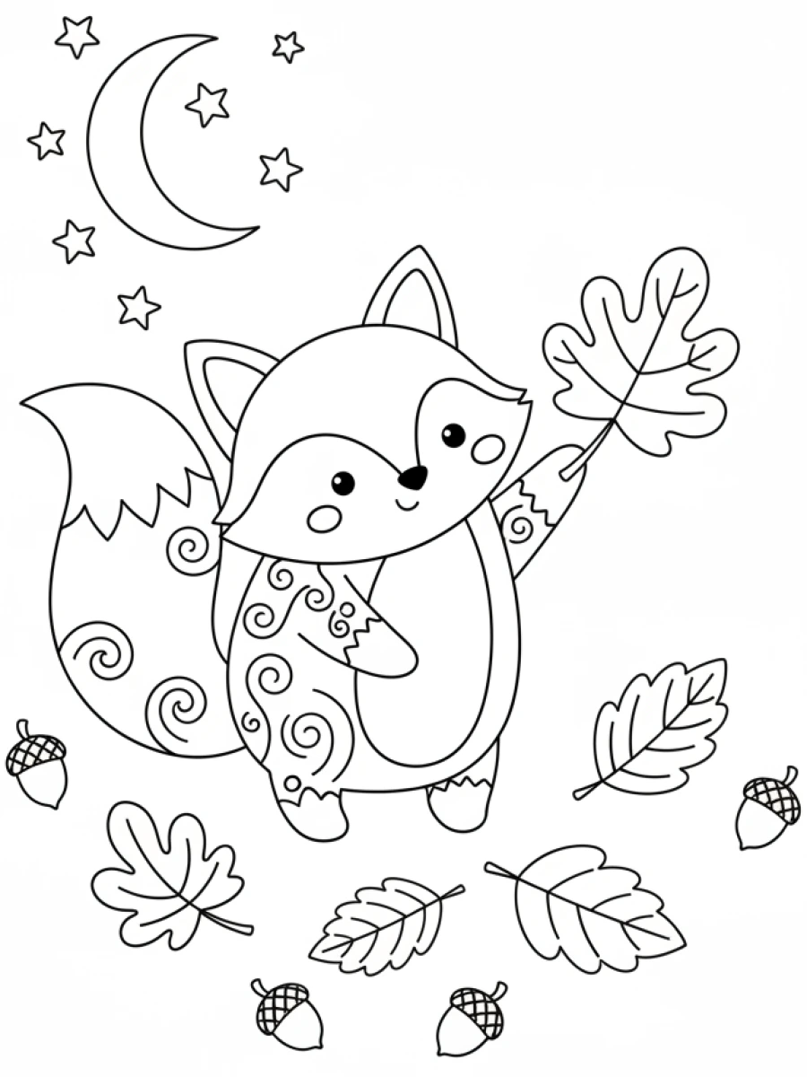coloriage renard — Renard en pleine nature, jouant avec une feuille d'automne, entouré de quelques feuilles et de petits glands.