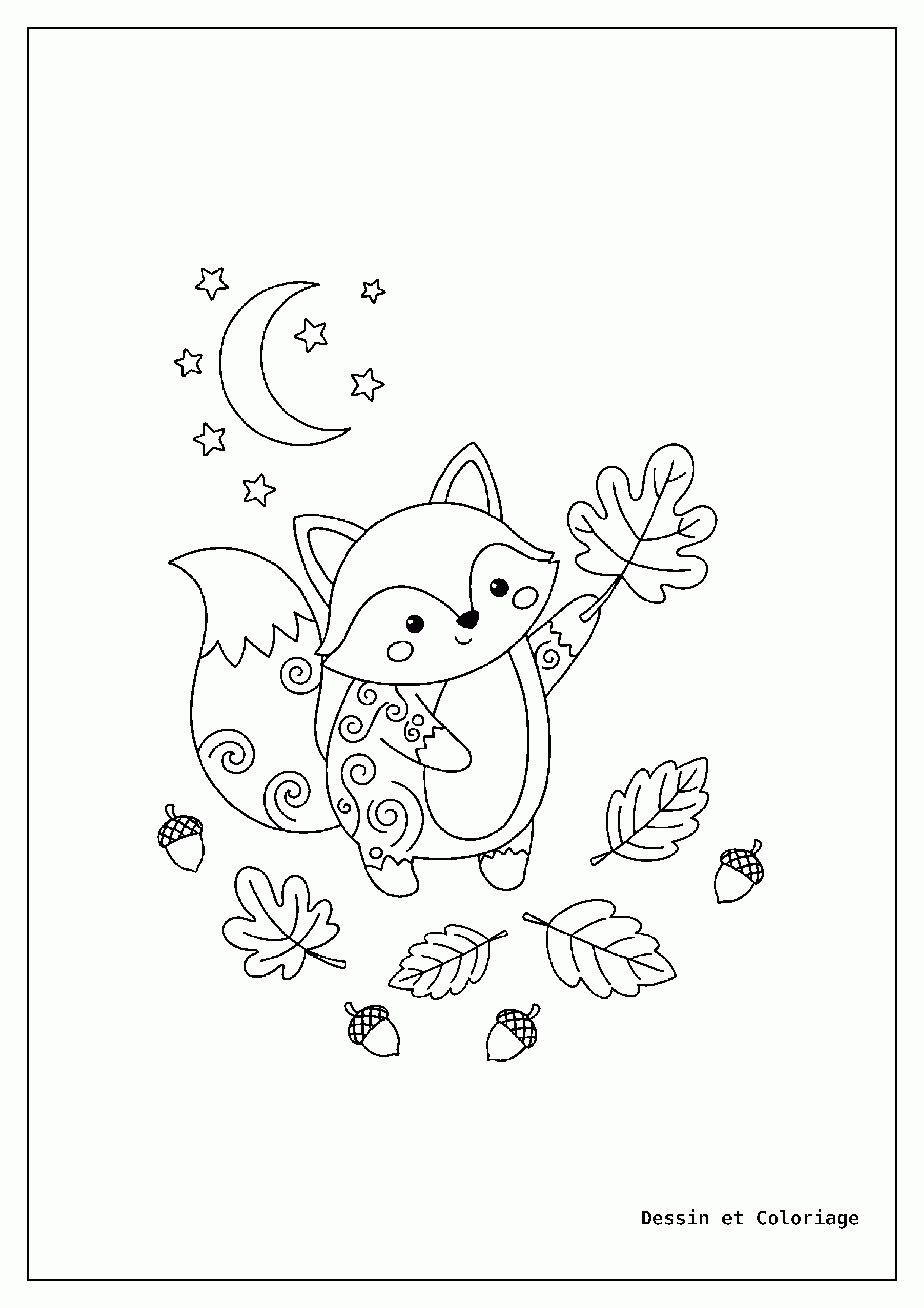 coloriage renard — Renard en pleine nature, jouant avec une feuille d'automne, entouré de quelques feuilles et de petits glands.