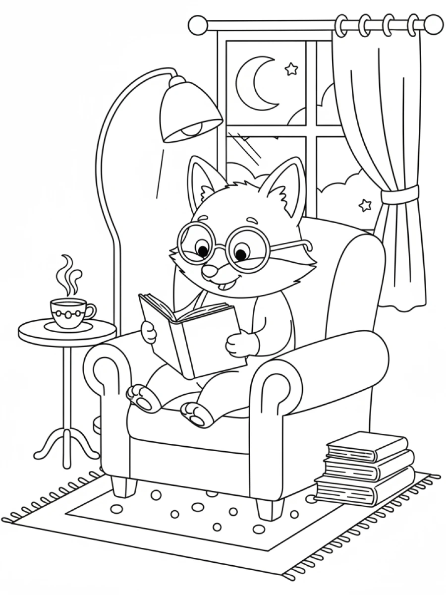 Coloriage renard malin lisant un livre