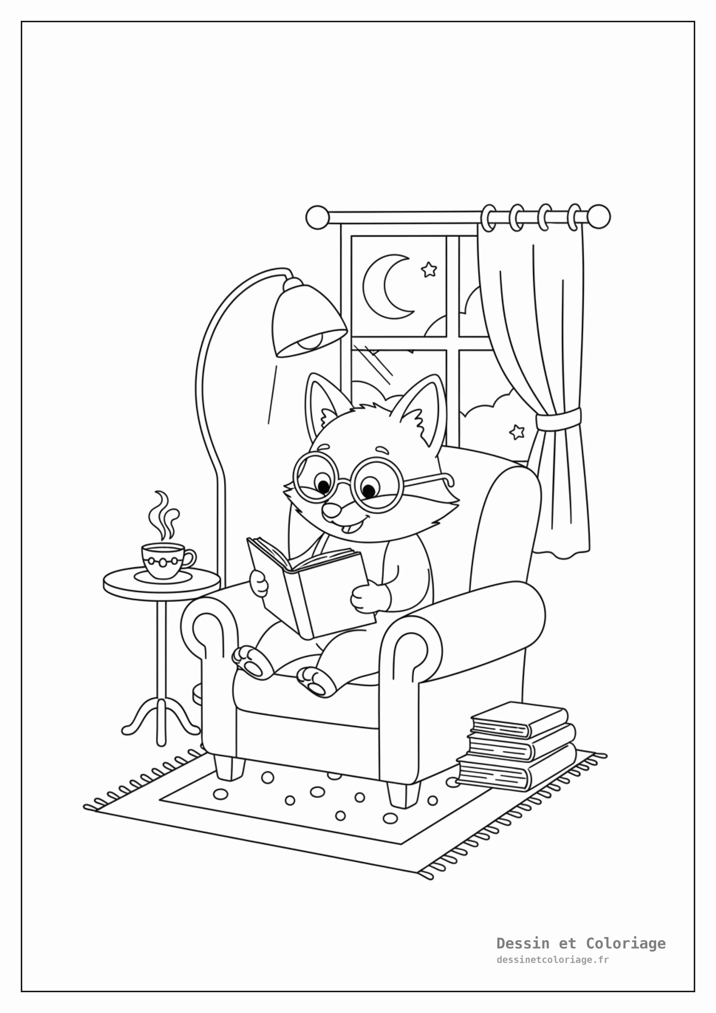 coloriage renard — Renard malin avec des lunettes, lisant un livre confortablement installé, une tasse à ses côtés.