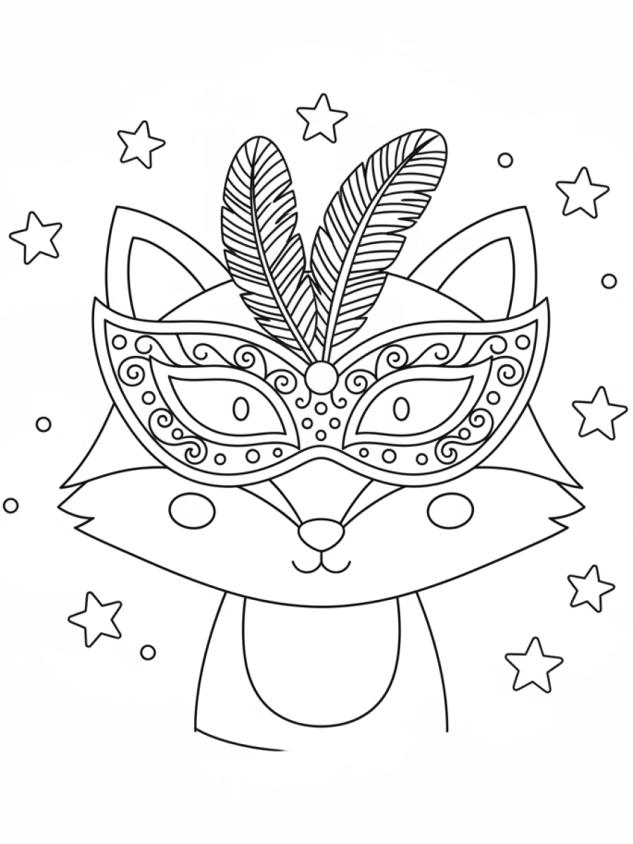coloriage renard — Renard stylisé, portant un masque de carnaval orné de motifs délicats, entouré de plumes décoratives et de petites étoiles.