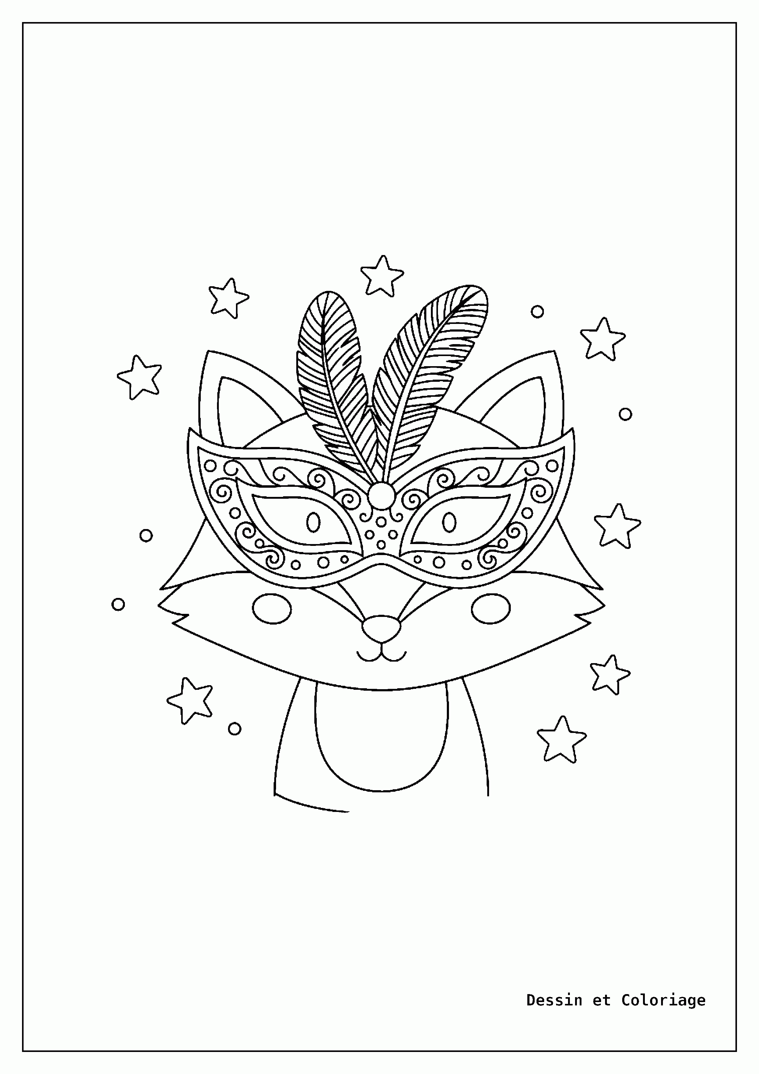coloriage renard — Renard stylisé, portant un masque de carnaval orné de motifs délicats, entouré de plumes décoratives et de petites étoiles.