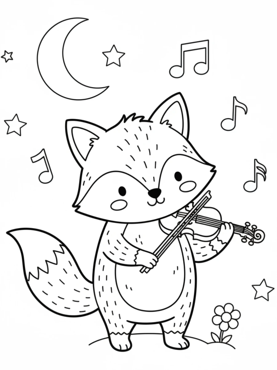 coloriage renard — Renard charmant, jouant d'un petit violon avec une expression joyeuse, avec des notes de musique flottantes et une petite fleur.