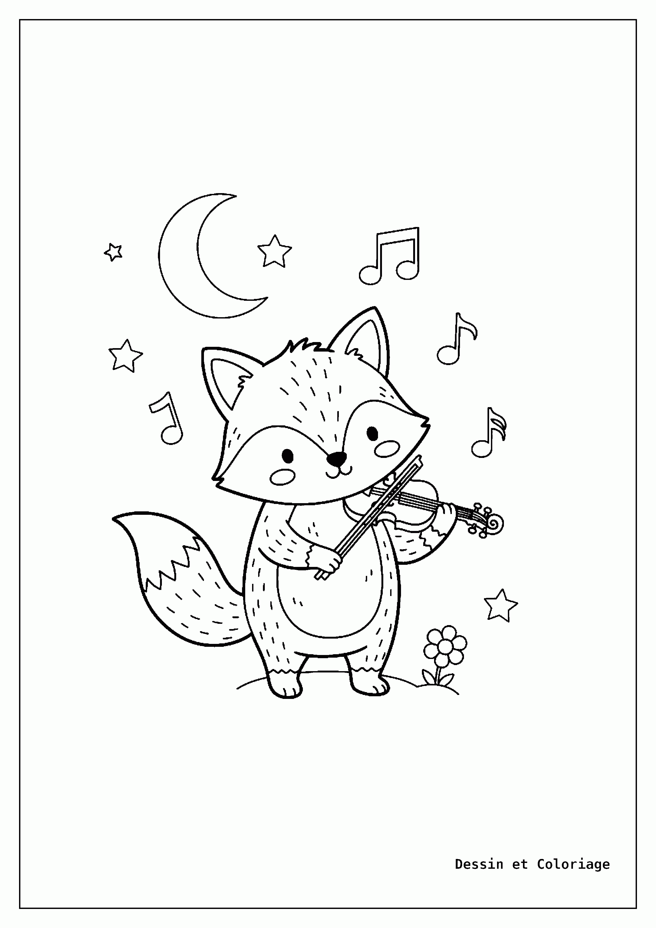coloriage renard — Renard charmant, jouant d'un petit violon avec une expression joyeuse, avec des notes de musique flottantes et une petite fleur.