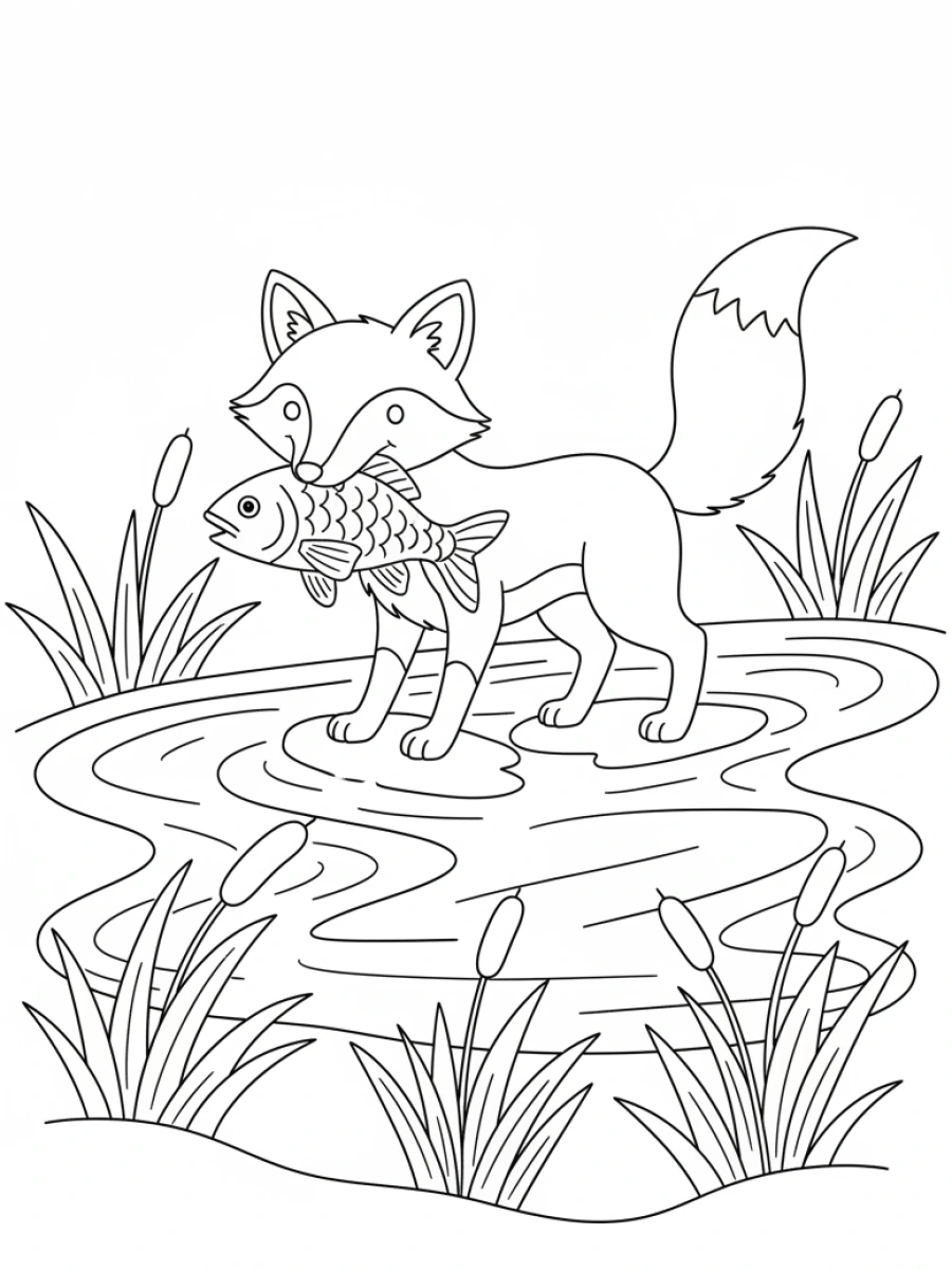 Coloriage renard pêcheur dans la rivière