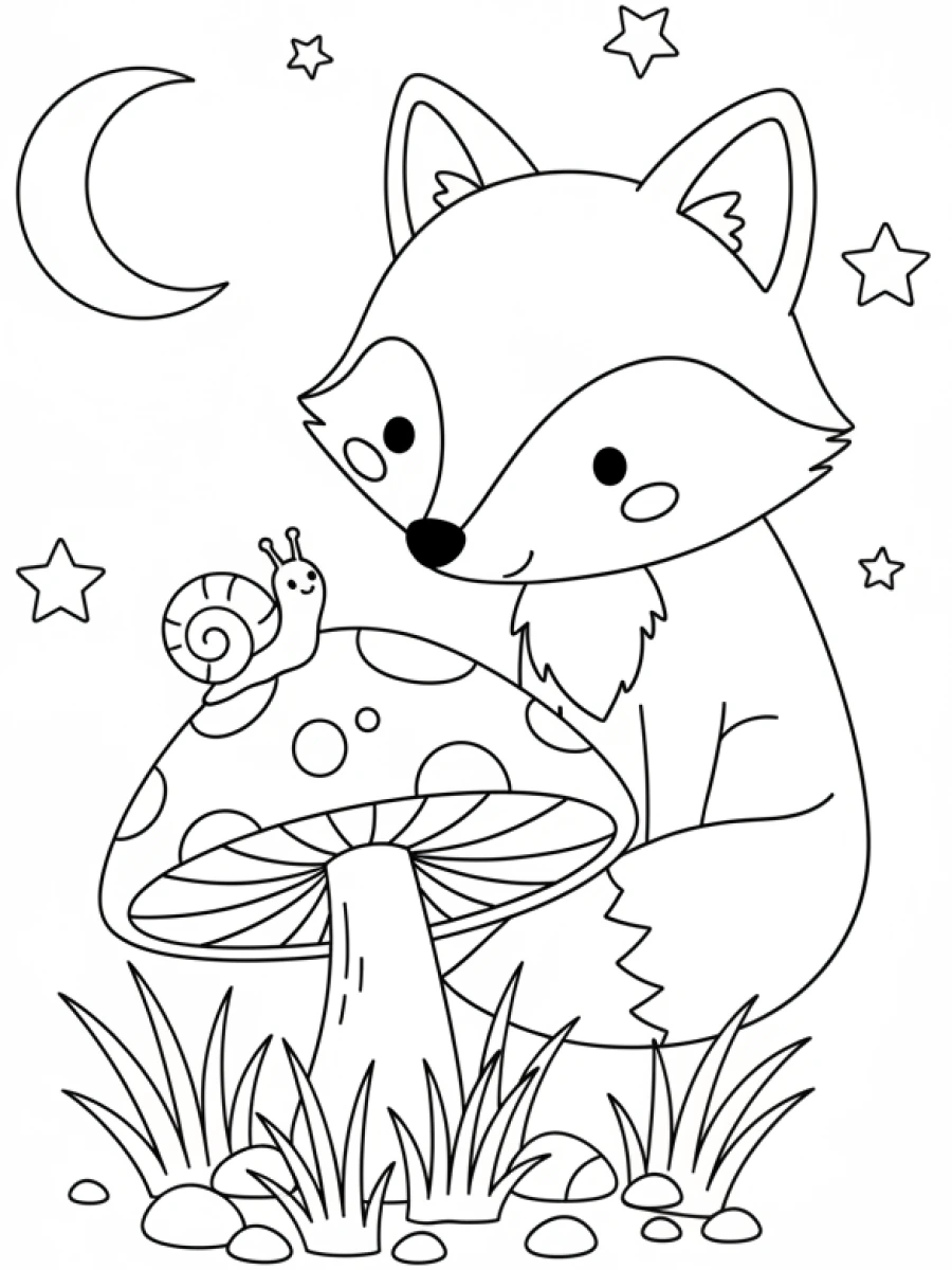 coloriage renard — Renard curieux, tête penchée, observant un petit escargot rampant lentement sur un chapeau de champignon, avec de l'herbe et des galets.