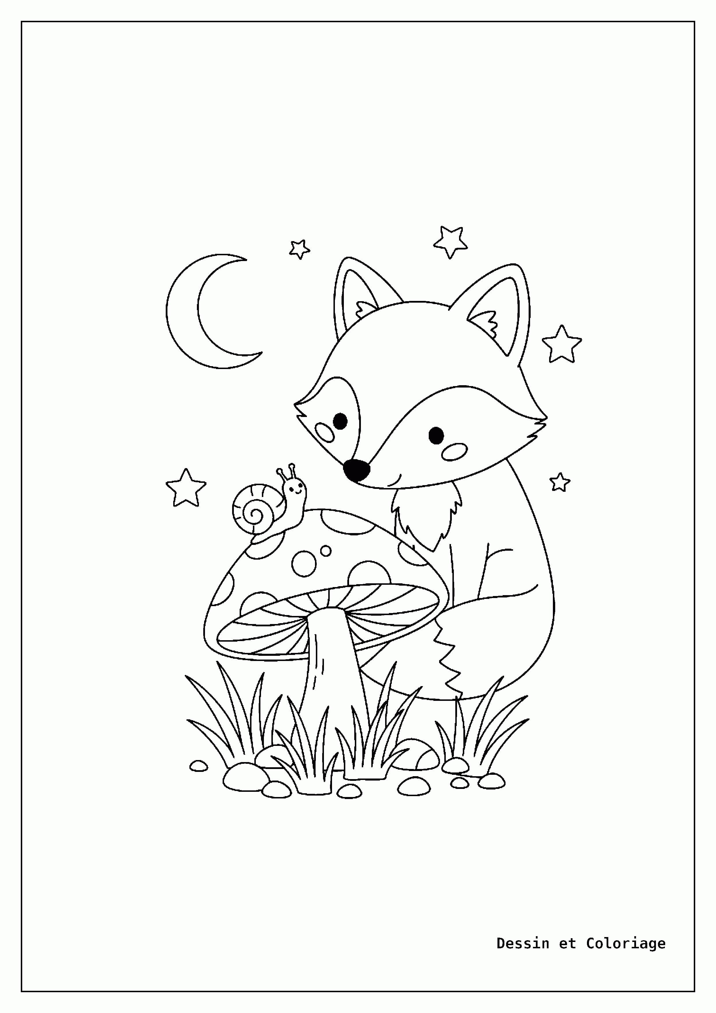 coloriage renard — Renard curieux, tête penchée, observant un petit escargot rampant lentement sur un chapeau de champignon, avec de l'herbe et des galets.