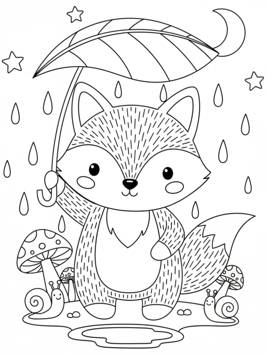 coloriage renard — Renard mignon, tenant une grande feuille comme un parapluie au-dessus de sa tête, avec des gouttes de pluie et une petite flaque.