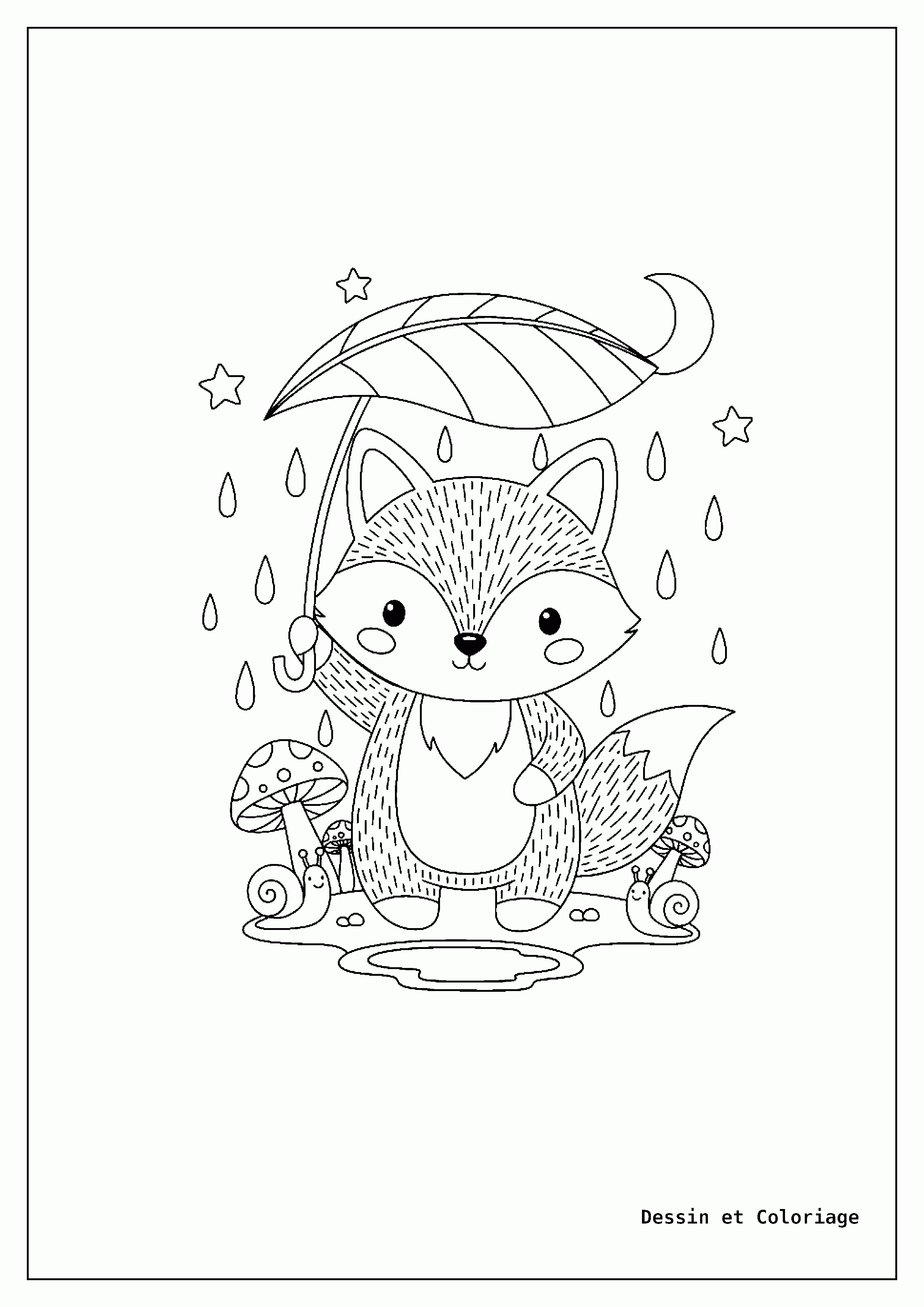 coloriage renard — Renard mignon, tenant une grande feuille comme un parapluie au-dessus de sa tête, avec des gouttes de pluie et une petite flaque.