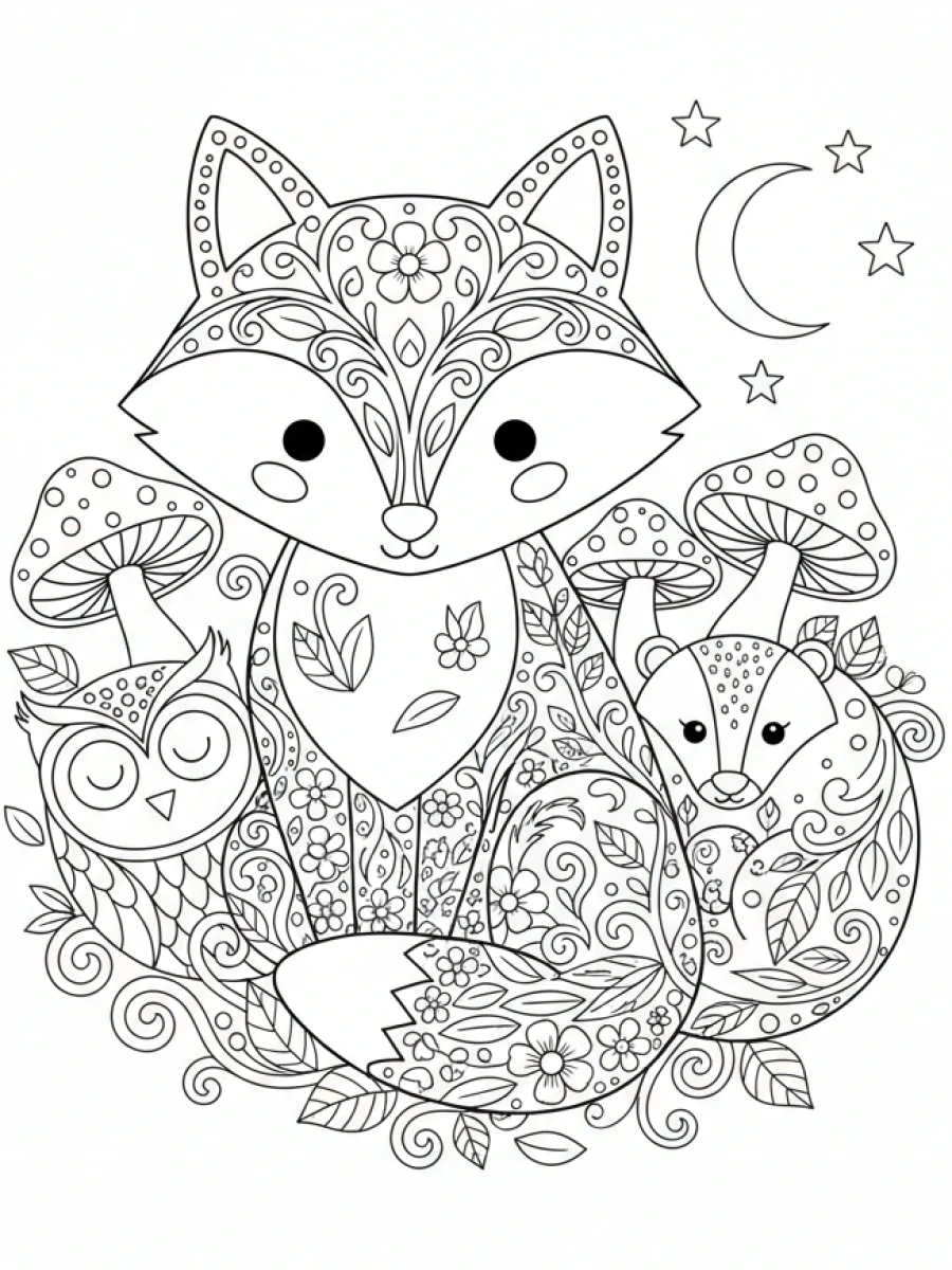 Coloriage renard aux motifs floraux