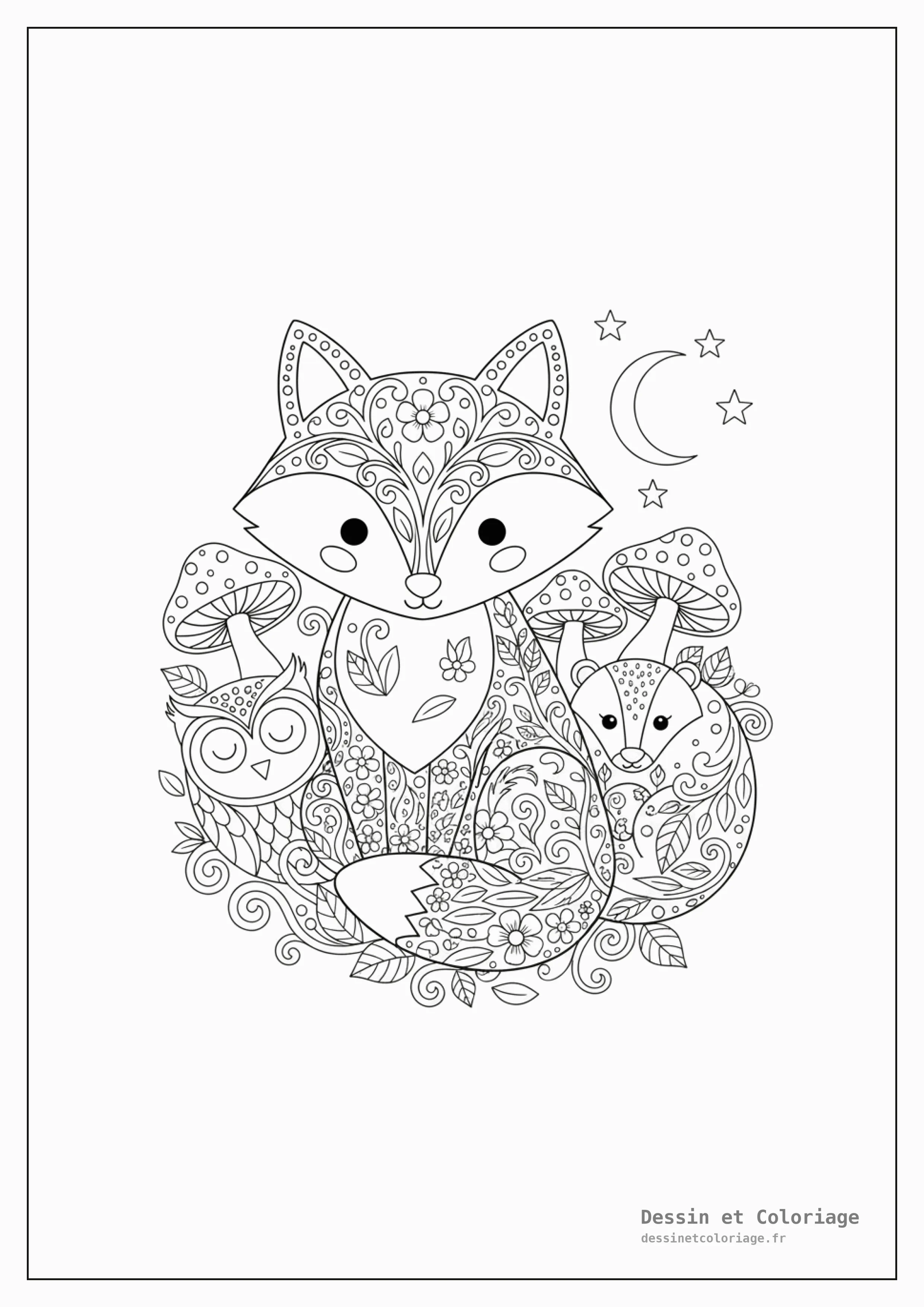 coloriage renard — Renard stylisé, orné de motifs floraux complexes sur son pelage, entouré de vignes et de petites fleurs.