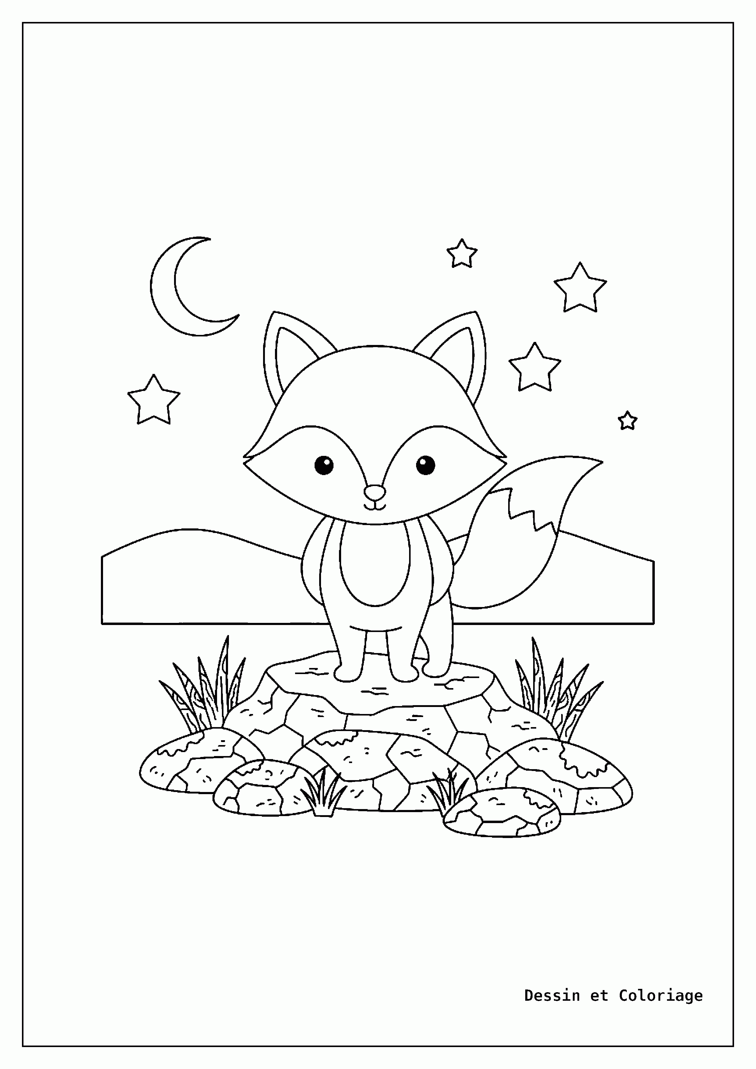 coloriage renard — Renard fier, debout avec assurance sur un amas de rochers patinés, avec des touffes d'herbe et une colline lointaine.