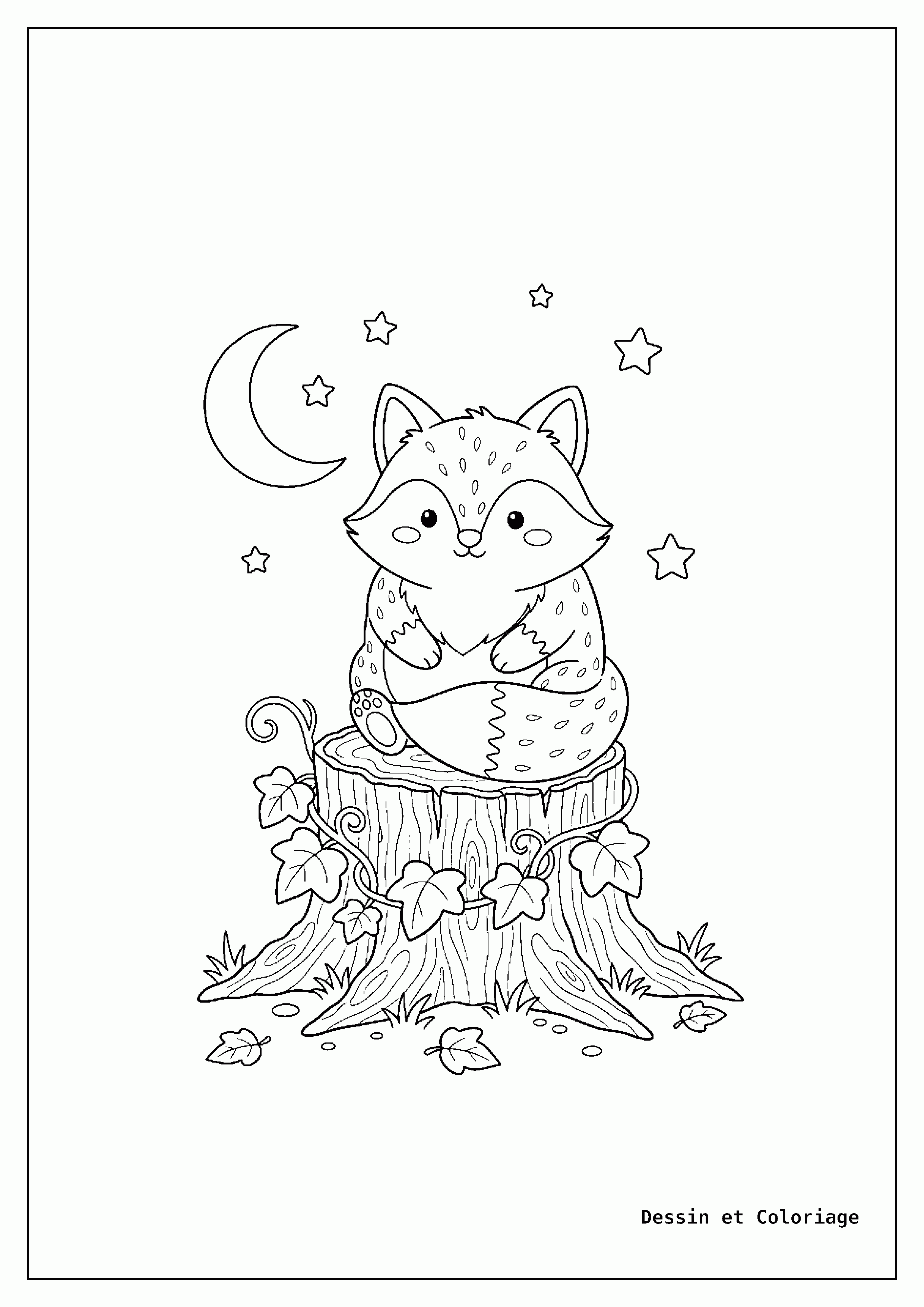 coloriage renard — Renard détendu, assis sur une souche d'arbre patinée, avec du lierre poussant dessus et des feuilles éparpillées à sa base.