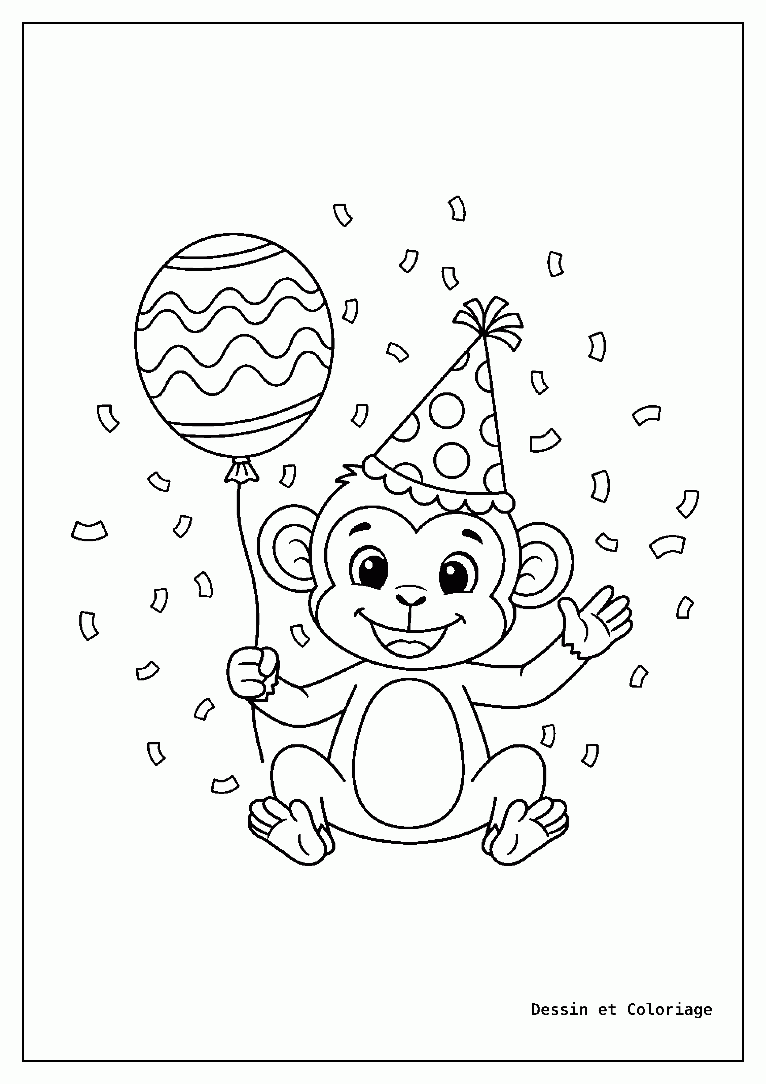coloriage singe — Singe portant un chapeau de fête amusant et tenant un ballon, avec des confettis tombant autour de lui.