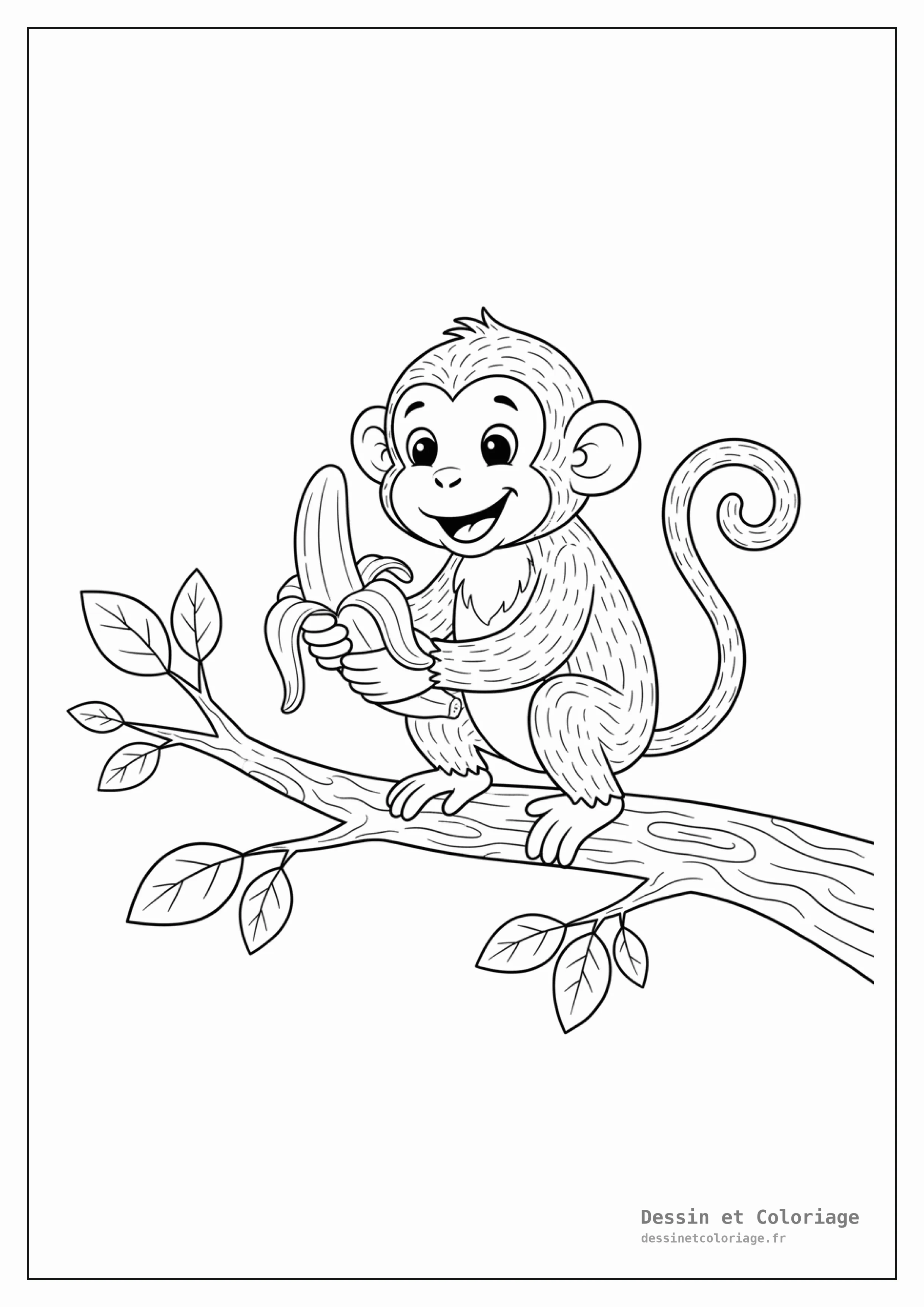 coloriage singe — Singe joyeux tenant une banane, assis sur une branche d'arbre, avec des feuilles autour.