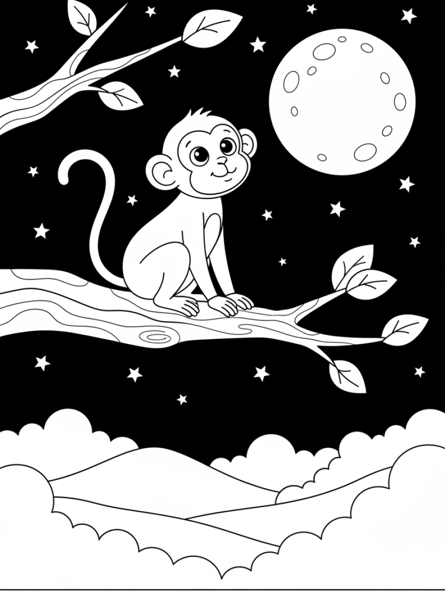 Coloriage singe rêveur sous la lune