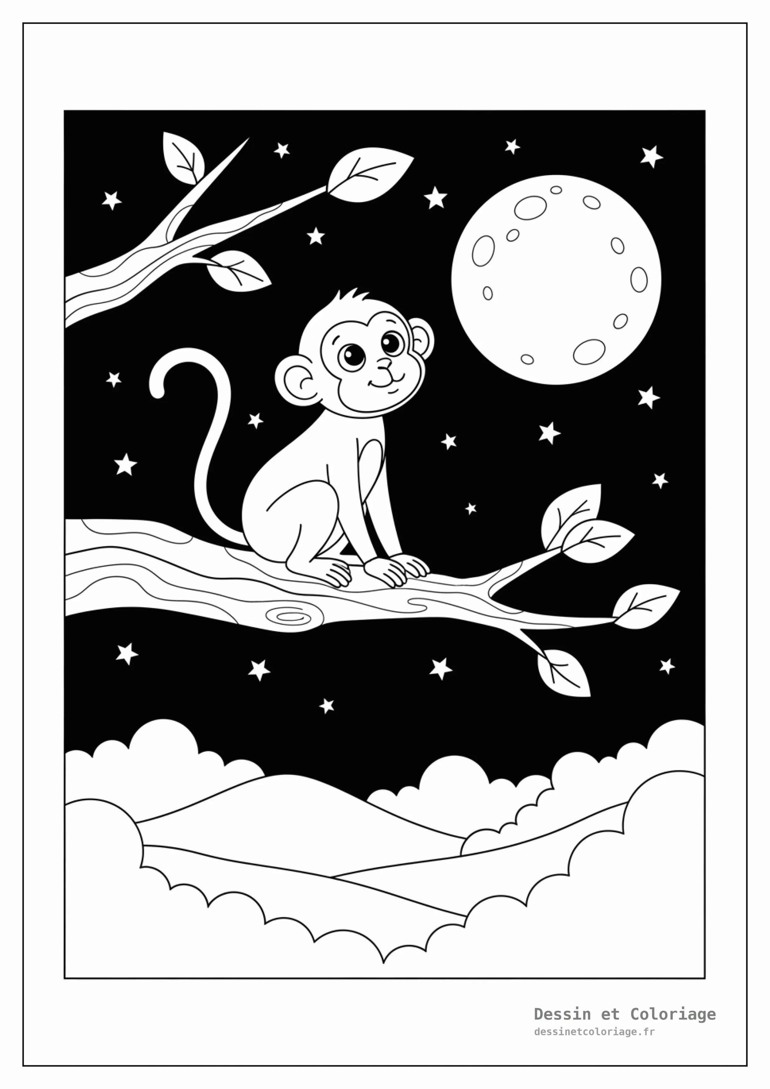 coloriage singe — Singe observant la pleine lune et les étoiles depuis une haute branche d'arbre, dans une scène nocturne paisible.
