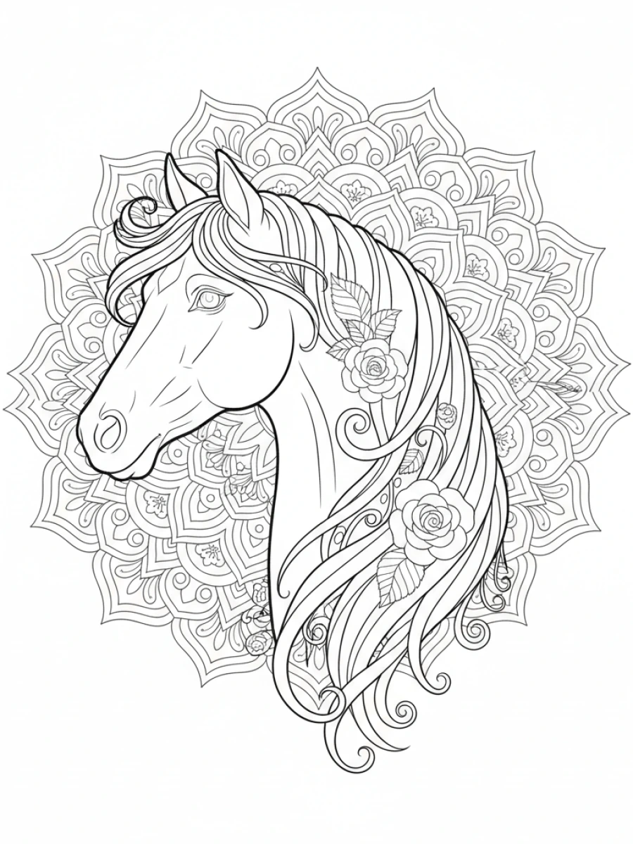 coloriage cheval mandala — Tête de cheval majestueuse en profil, crinière ornée de fleurs, mandala détaillé en arrière-plan.