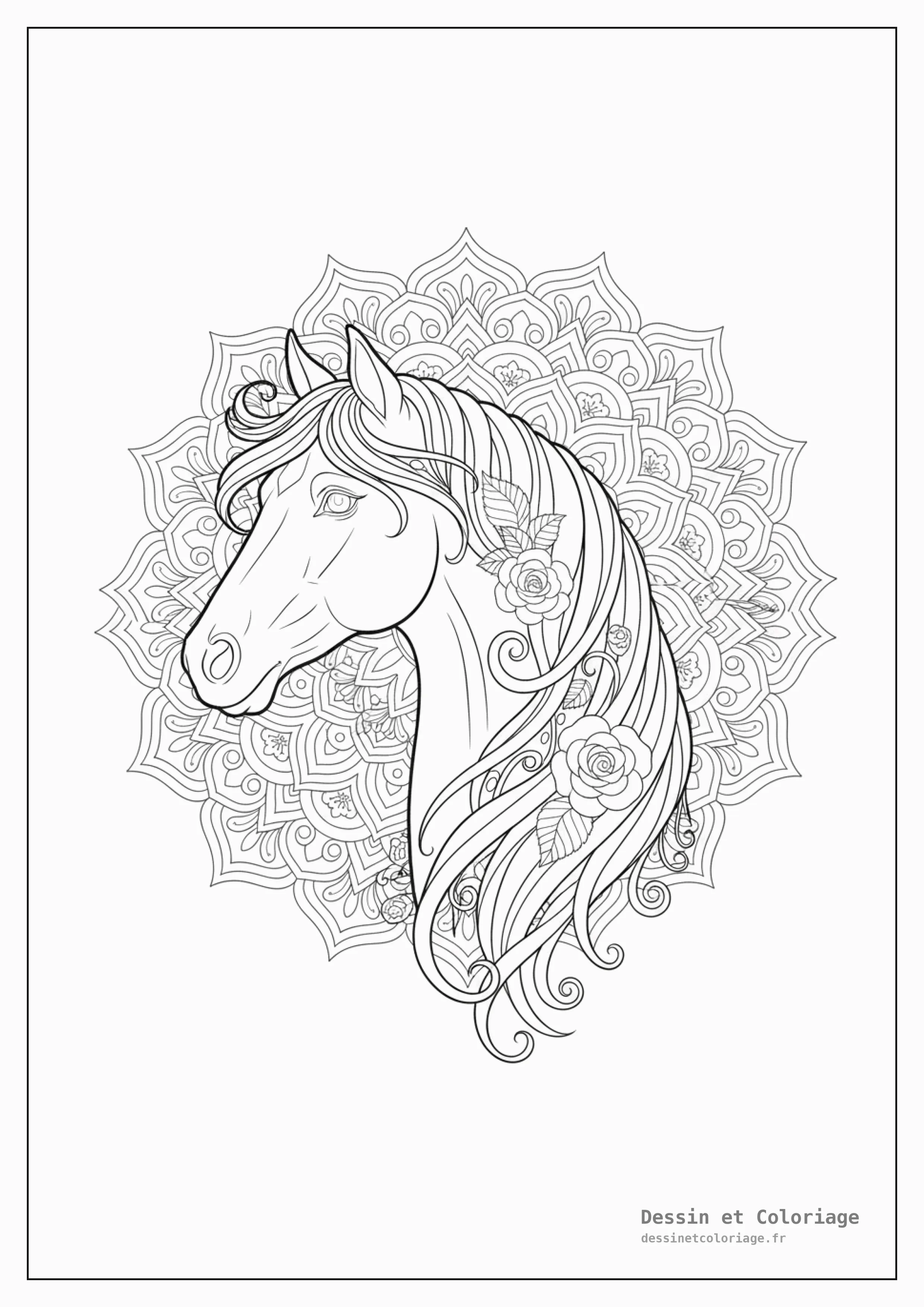 coloriage cheval mandala — Tête de cheval majestueuse en profil, crinière ornée de fleurs, mandala détaillé en arrière-plan.