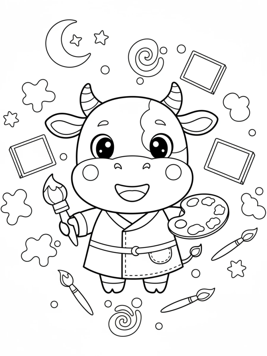 Coloriage vache artiste pinceau