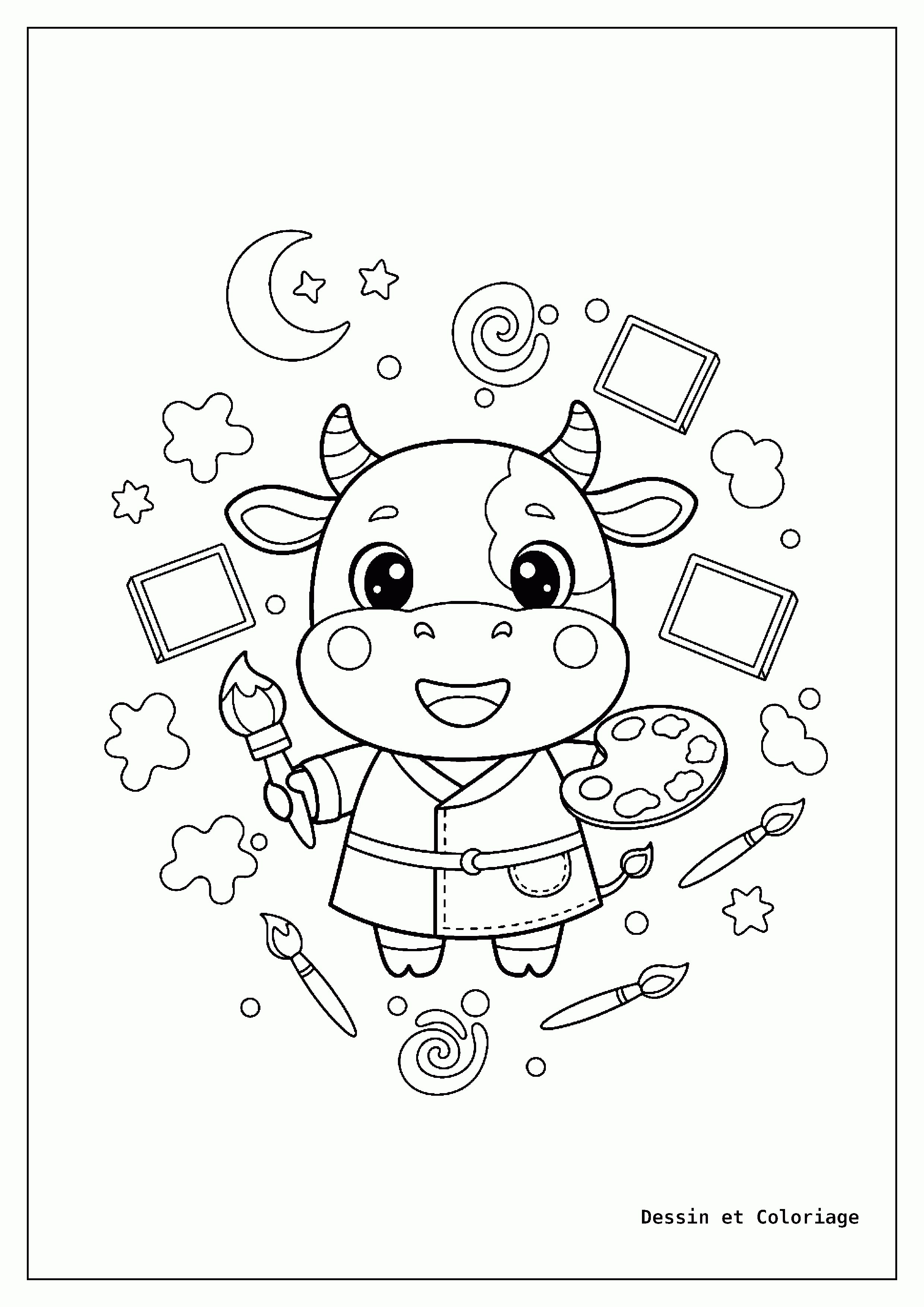 coloriage vache — Vache artiste en blouse, tenant un pinceau et une palette, entourée de taches de peinture, de toiles et de pinceaux.