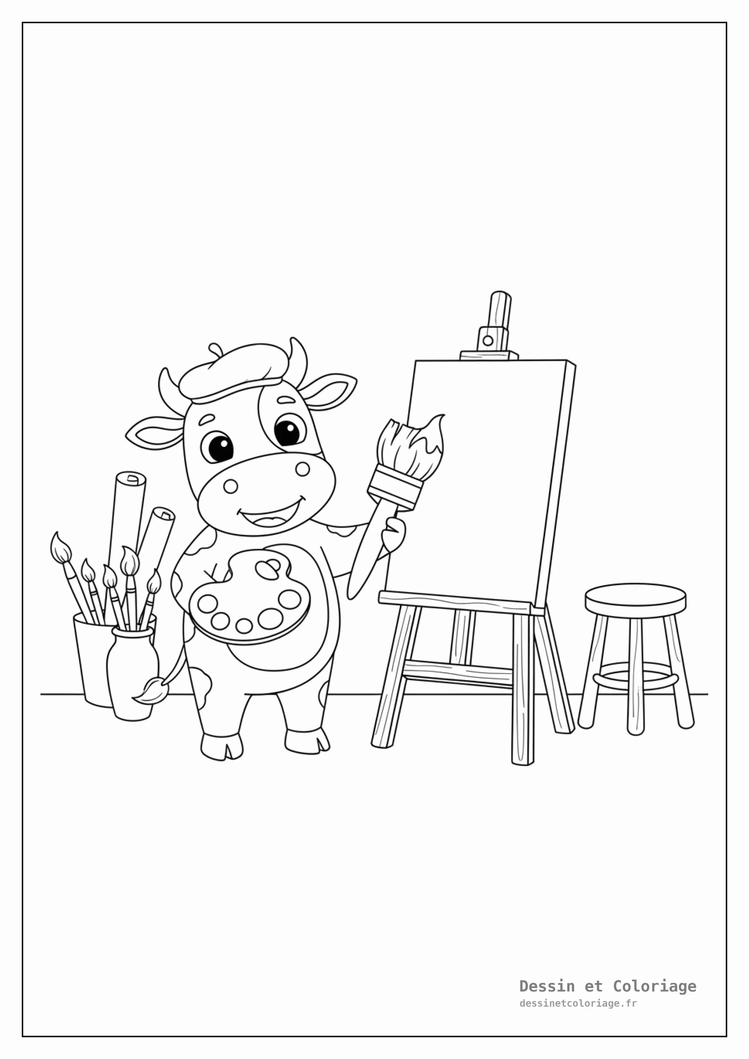 coloriage vache — Vache artiste avec un béret, tenant un pinceau et une palette devant un chevalet.