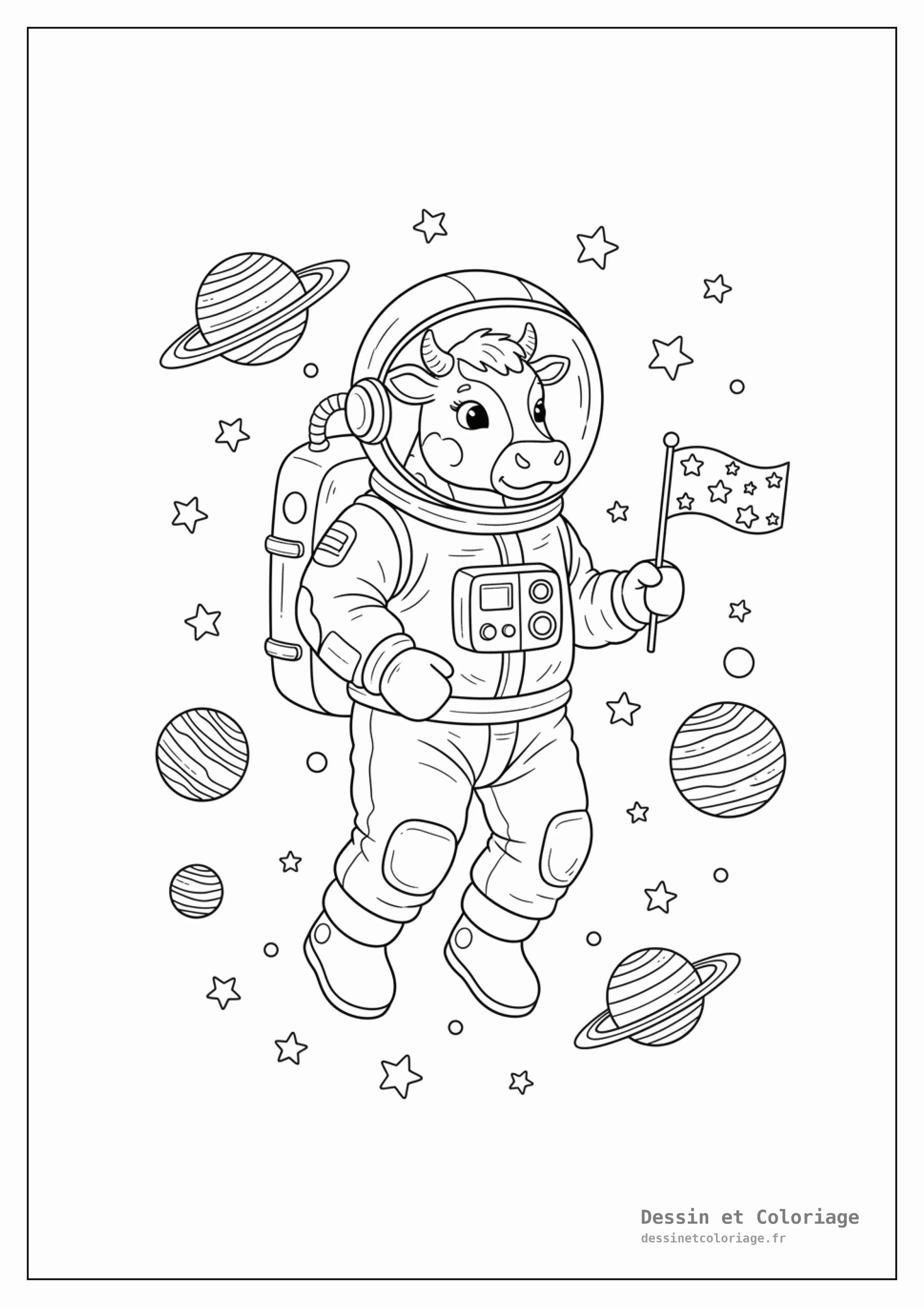 coloriage vache — Vache astronaute flottant dans l'espace, avec un casque et des étoiles.