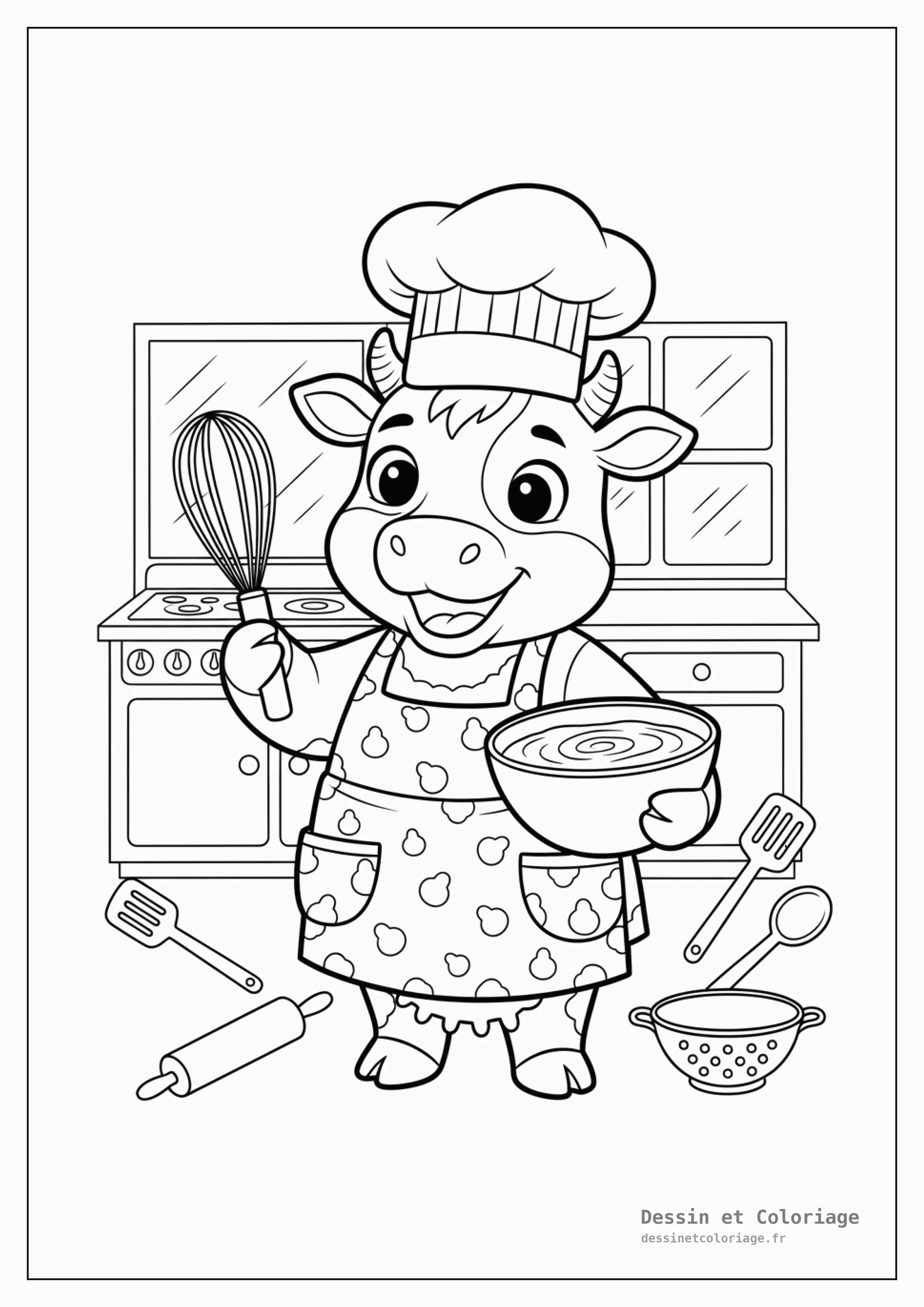 coloriage vache — Vache chef cuisinier avec toque et tablier, tenant un fouet et un saladier.