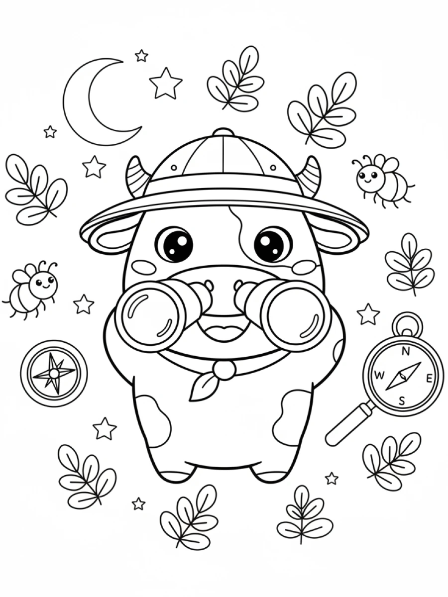 coloriage vache — Vache exploratrice avec des jumelles et un chapeau safari, entourée de plantes, d'insectes et d'une loupe.