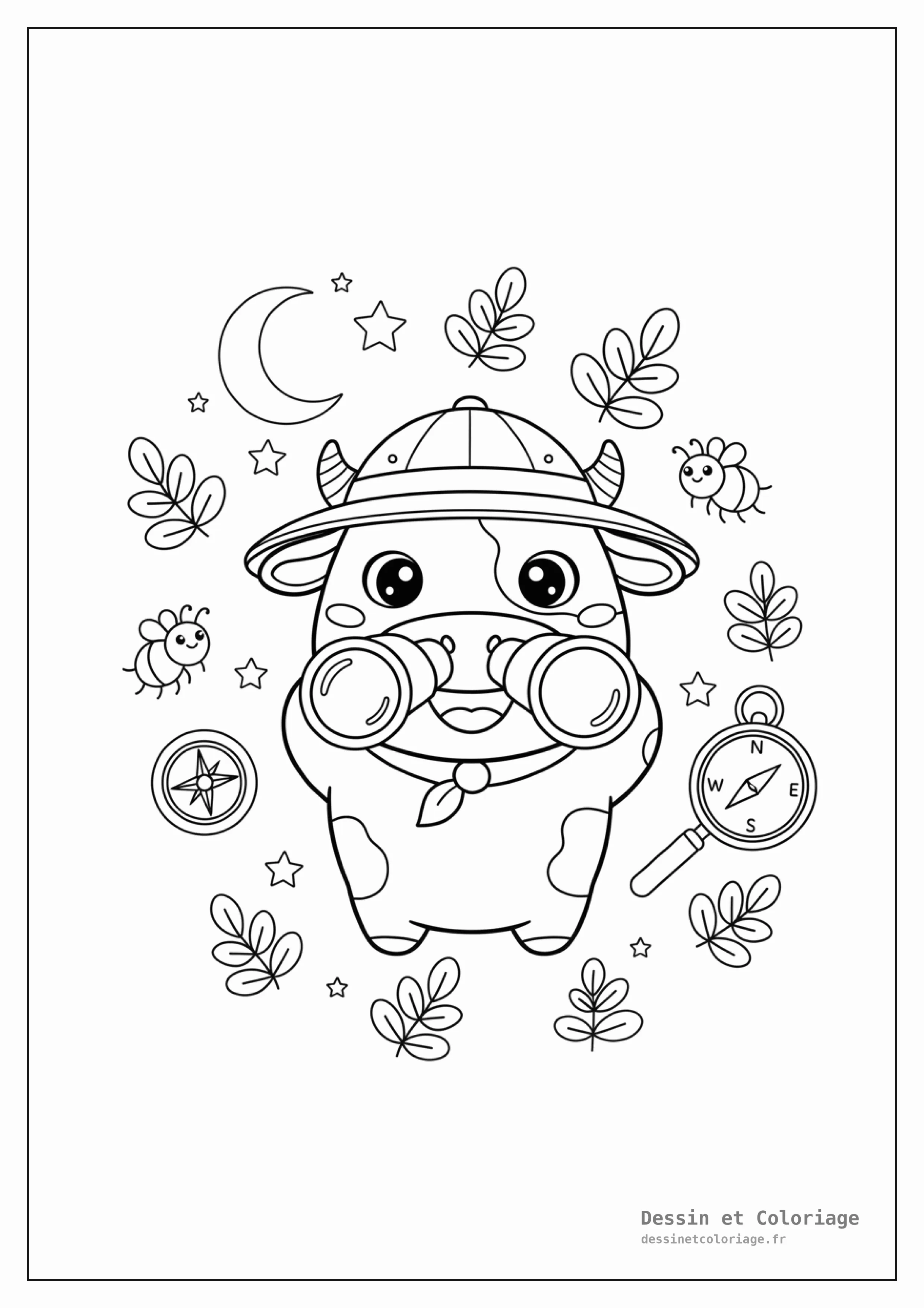 coloriage vache — Vache exploratrice avec des jumelles et un chapeau safari, entourée de plantes, d'insectes et d'une loupe.
