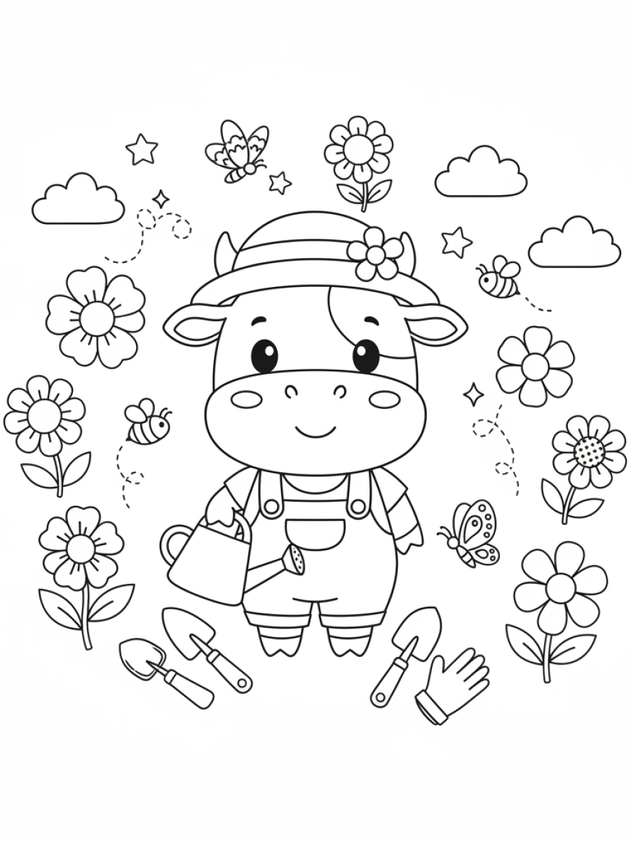 Coloriage vache jardinière arrosoir