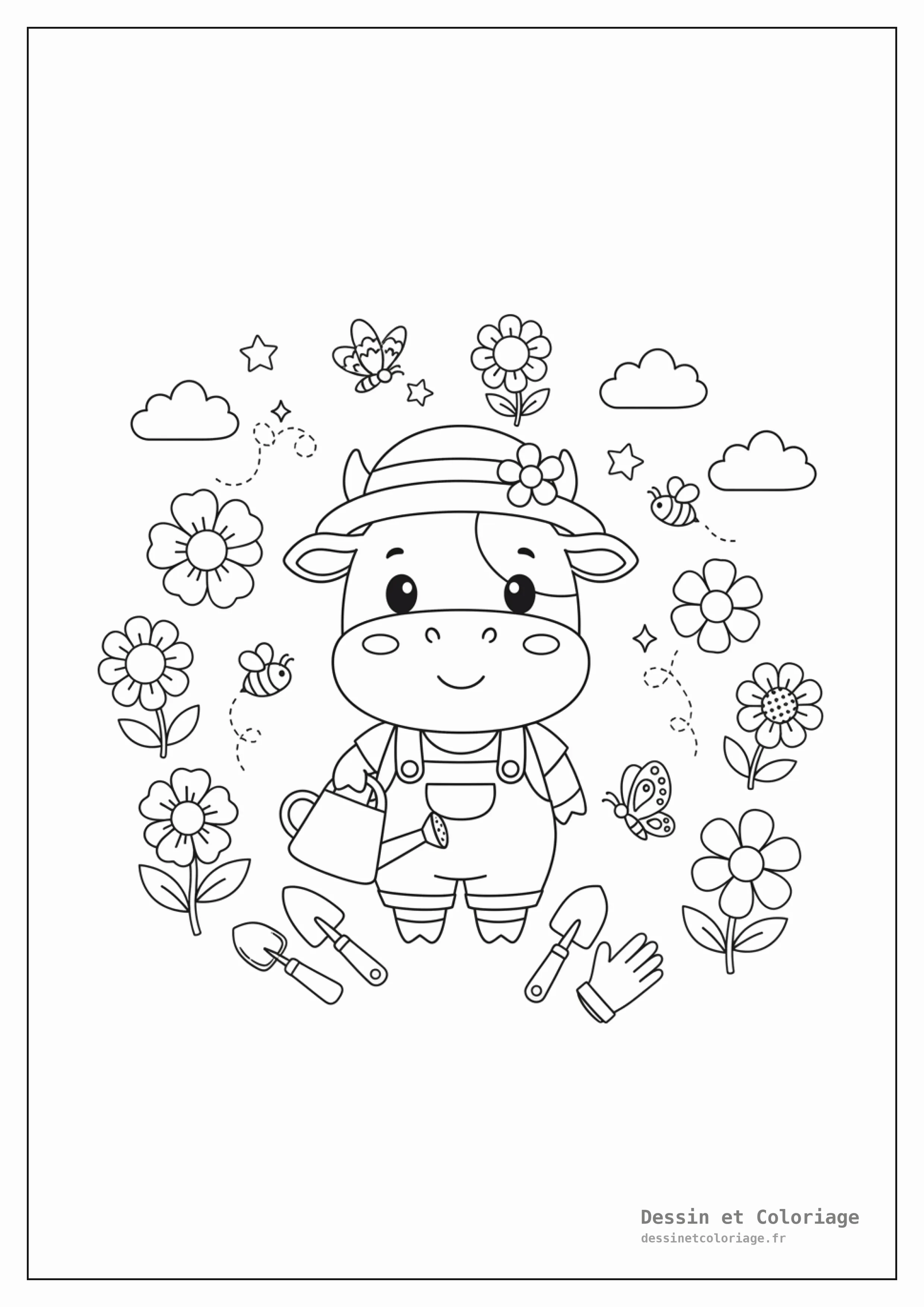 coloriage vache — Vache jardinière tenant un arrosoir, entourée de fleurs, d'abeilles et d'outils de jardinage.