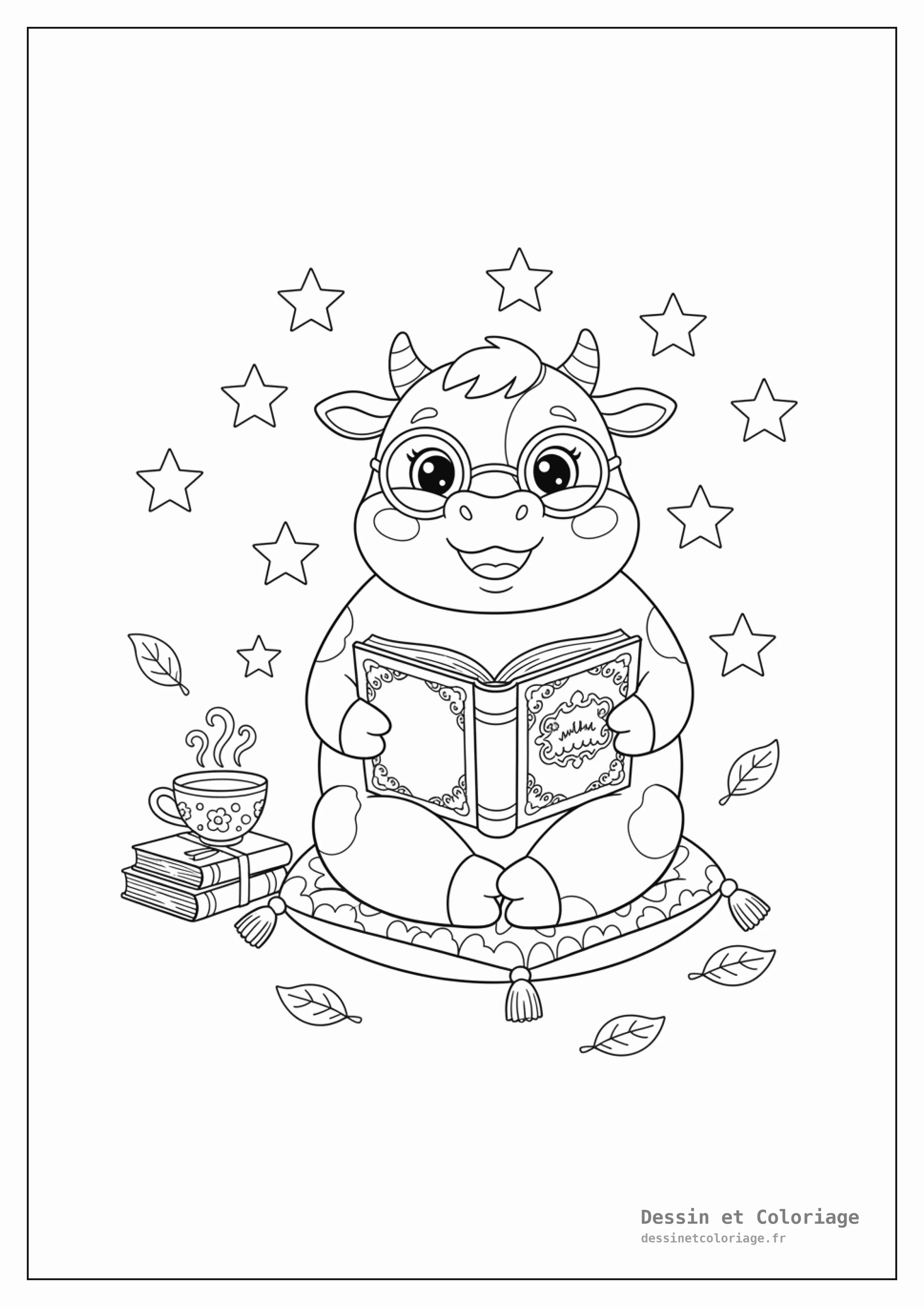 coloriage vache — Vache assise avec des lunettes, lisant un livre, entourée d'une tasse de thé, de livres et de feuilles.
