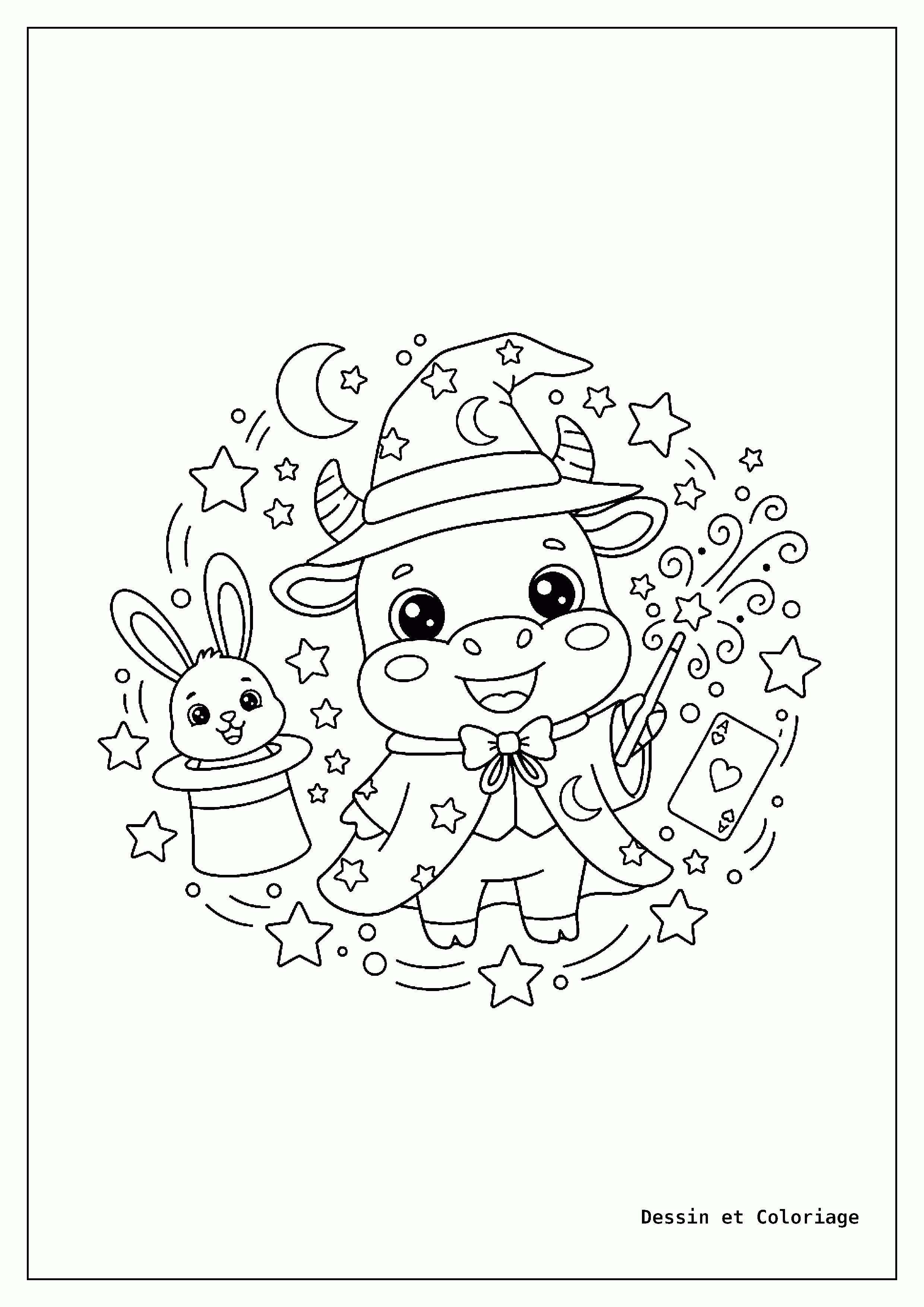 coloriage vache — Vache magicienne avec un chapeau pointu et une baguette magique, entourée d'étoiles, d'un lapin et de cartes.