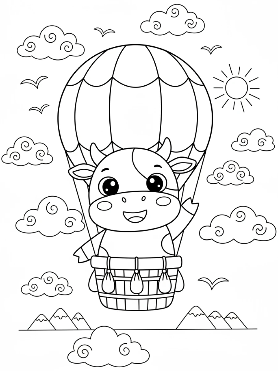 coloriage vache — Vache heureuse dans une montgolfière, saluant, entourée de nuages, d'oiseaux et de montagnes.