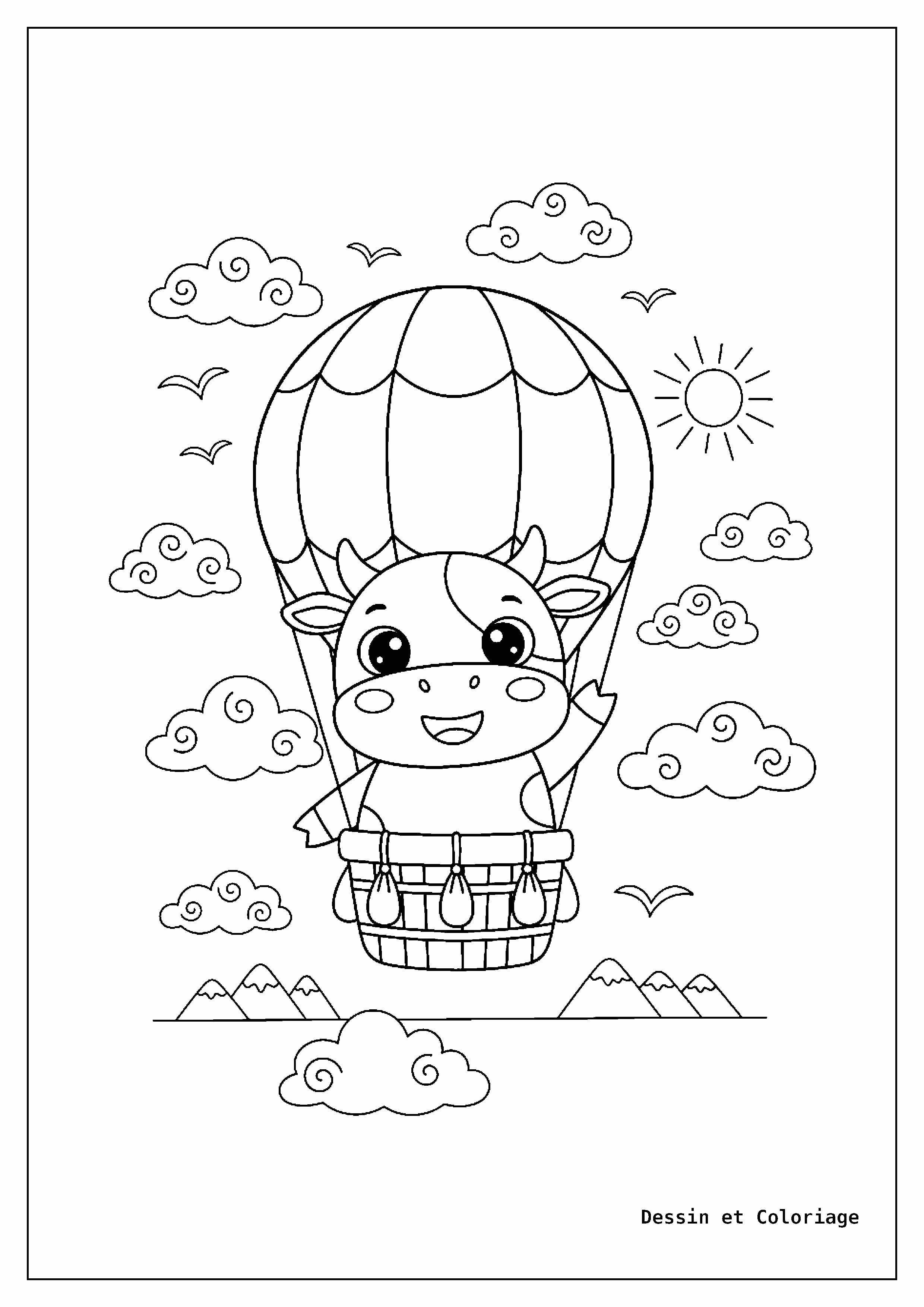 coloriage vache — Vache heureuse dans une montgolfière, saluant, entourée de nuages, d'oiseaux et de montagnes.