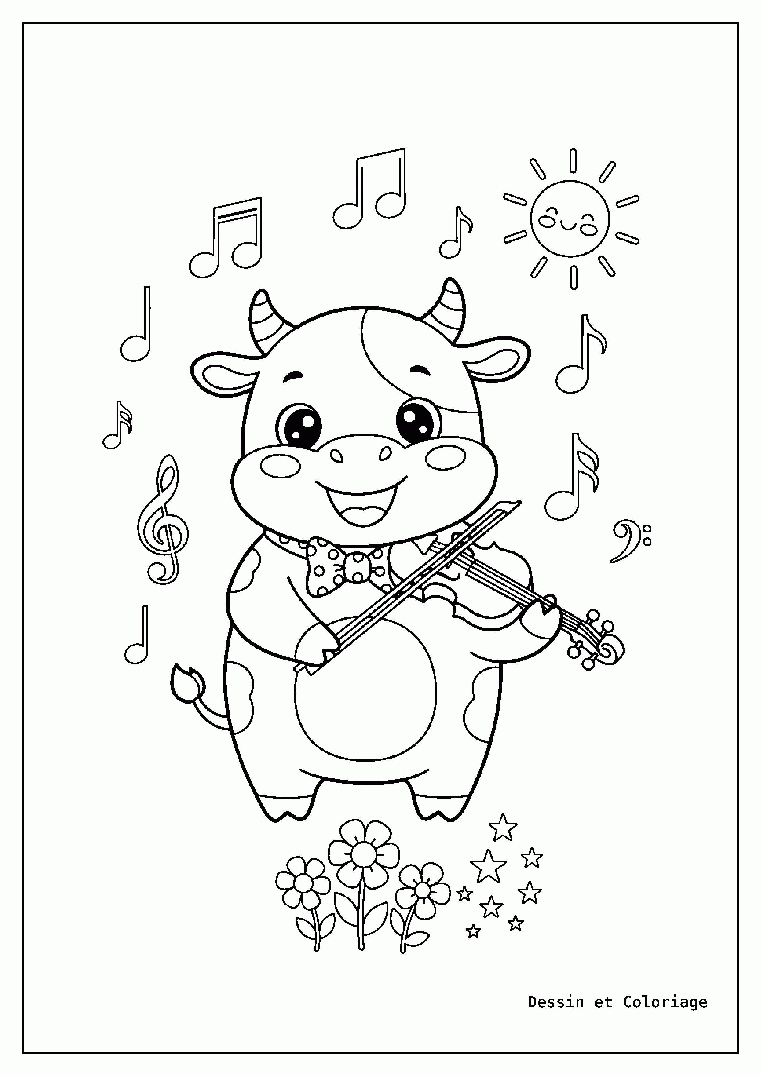 coloriage vache — Vache souriante jouant du violon, avec un nœud papillon, entourée de notes de musique, de fleurs et d'un petit soleil.