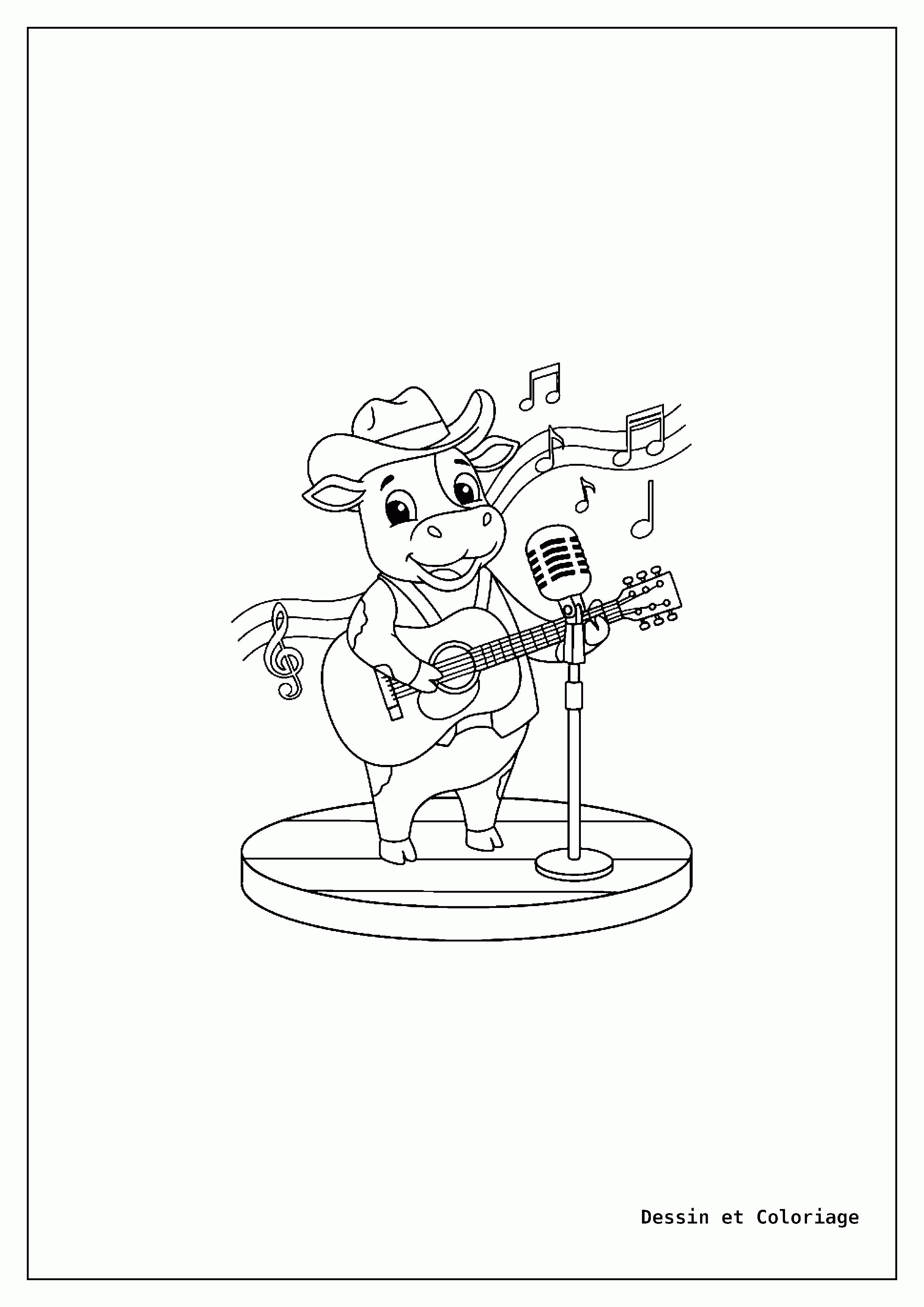 coloriage vache — Vache jouant de la guitare acoustique, avec un microphone et des notes de musique.