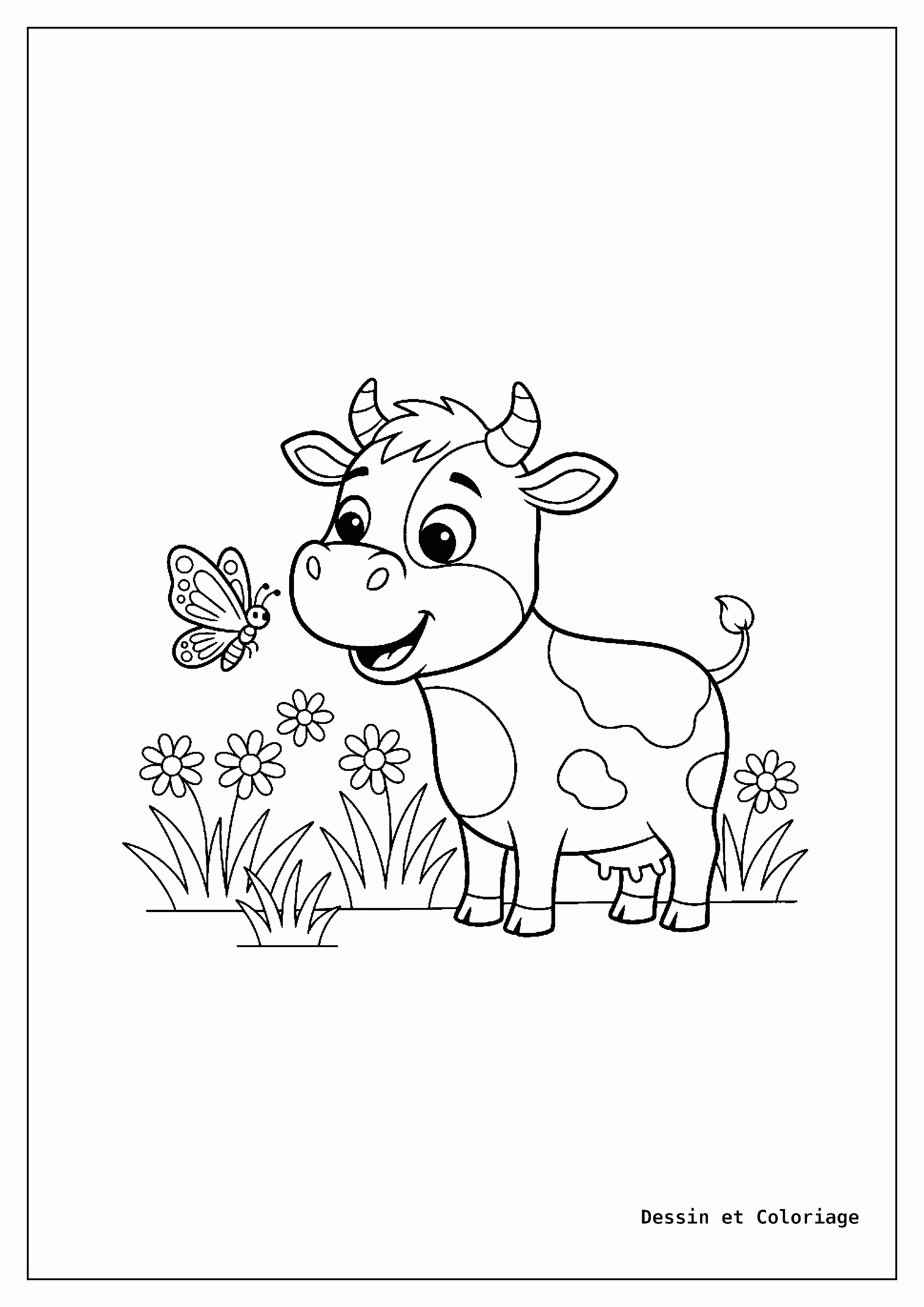 coloriage vache — Vache curieuse observant un papillon, avec des grandes oreilles et des taches.