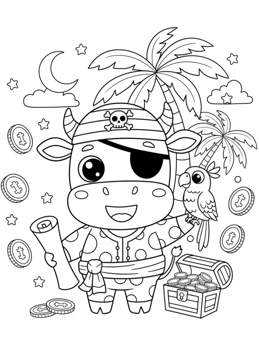 coloriage vache — Vache pirate avec un bandeau sur l'œil et une carte au trésor, entourée de pièces d'or, d'un perroquet et d'un palmier.