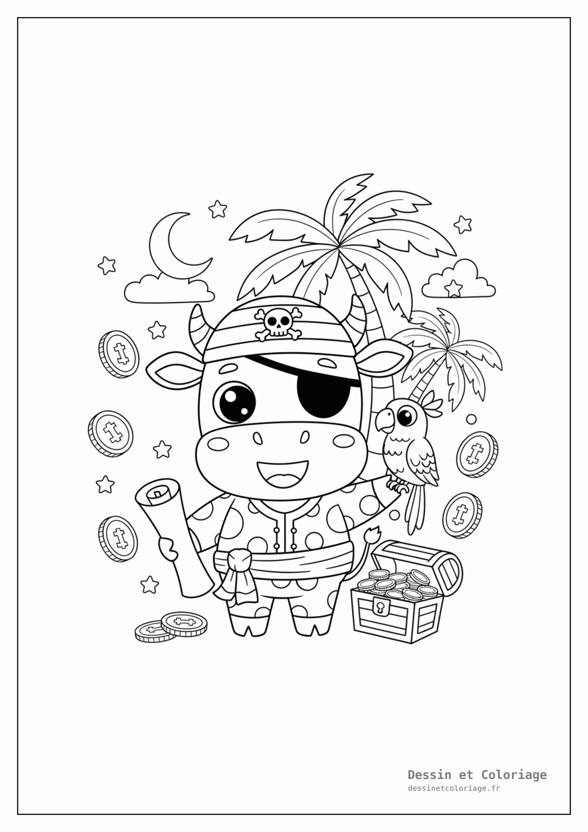coloriage vache — Vache pirate avec un bandeau sur l'œil et une carte au trésor, entourée de pièces d'or, d'un perroquet et d'un palmier.