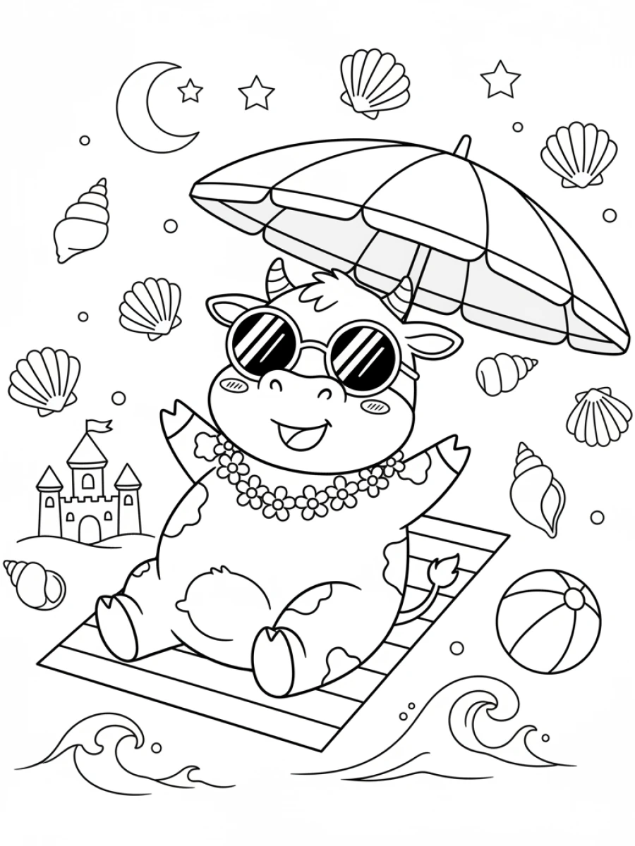 coloriage vache — Vache détendue à la plage avec des lunettes de soleil sous un parasol, entourée de coquillages, d'un château de sable et de vagues.