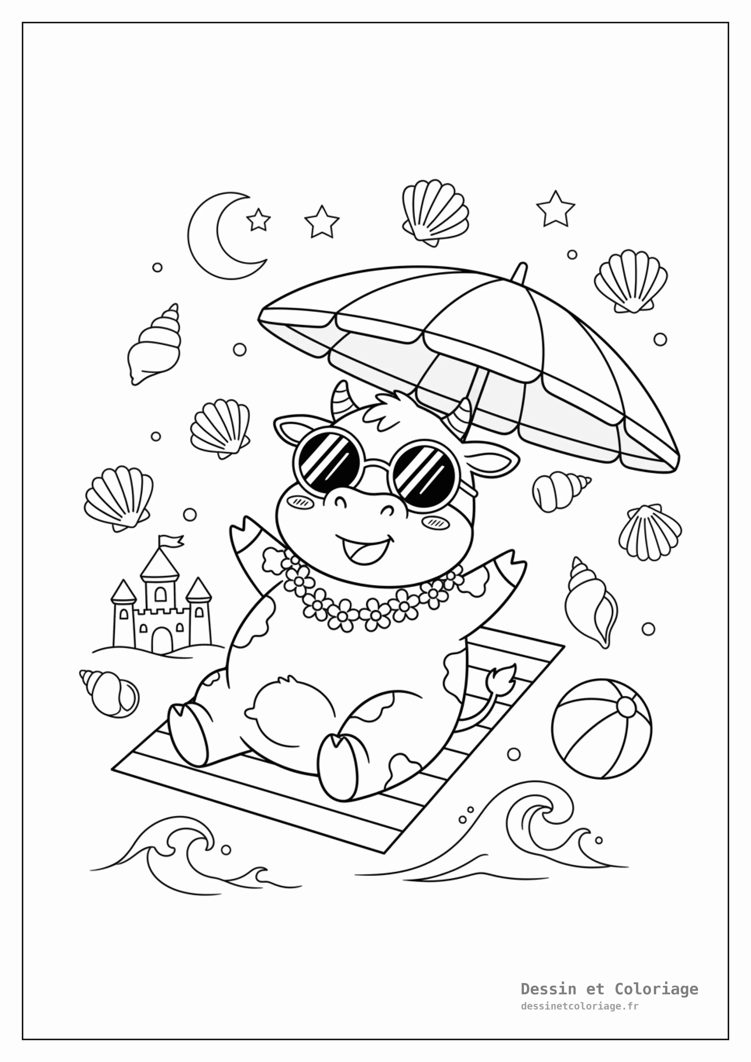 coloriage vache — Vache détendue à la plage avec des lunettes de soleil sous un parasol, entourée de coquillages, d'un château de sable et de vagues.