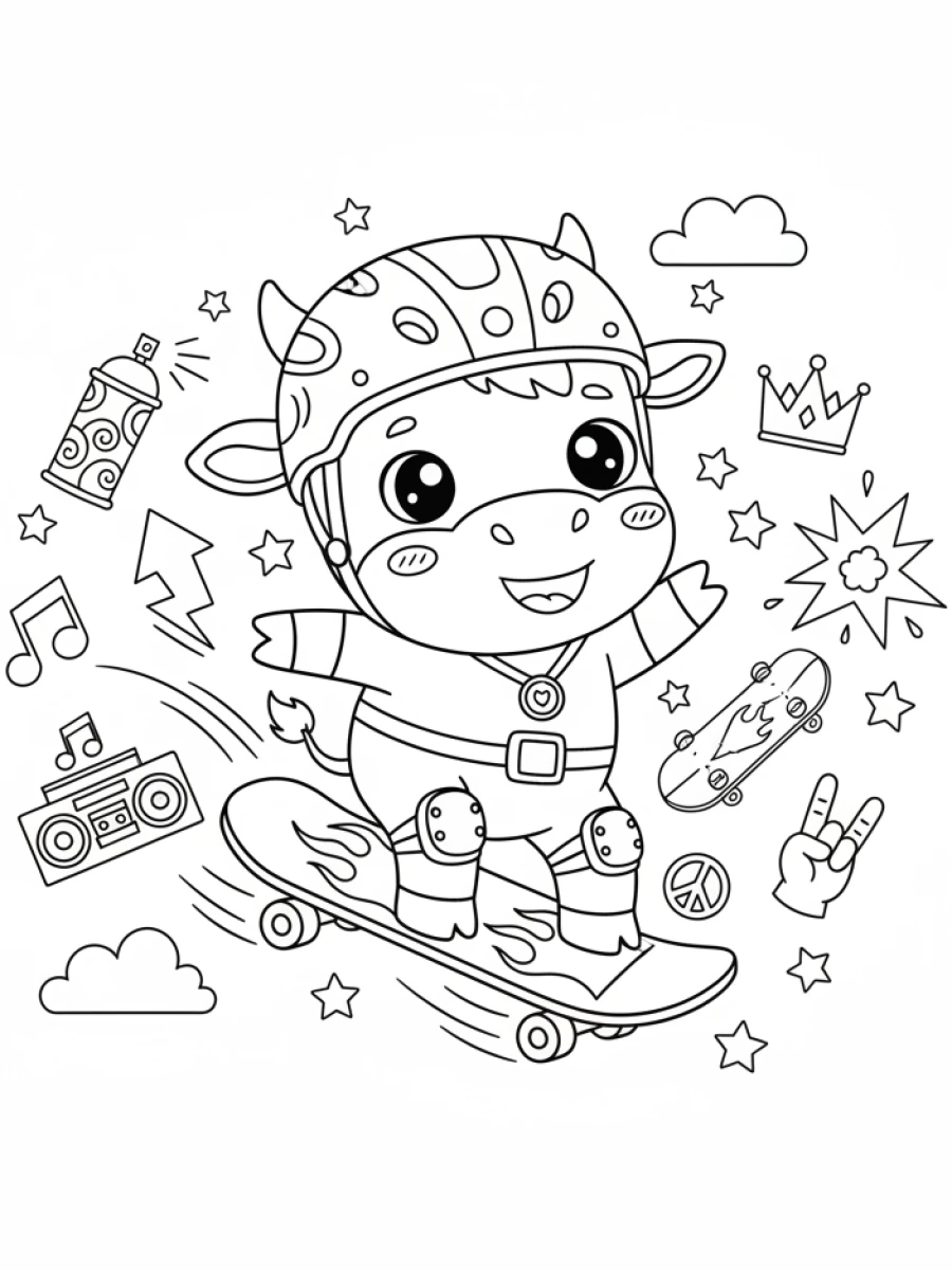 Coloriage vache skateuse casque